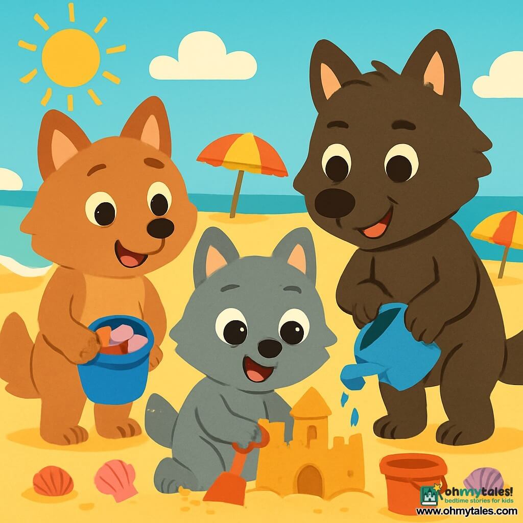 A small wolf with bright, curious eyes and soft gray fur builds a sandcastle on the beach, his face radiating joy and excitement. Next to him, his mom, a light brown she-wolf, smiles warmly, holding a bucket filled with colorful seashells, while his dad, a sturdy wolf with dark fur, pours water on the sand, looking focused and happy. The scene takes place on a beautiful sunny beach, with turquoise waves gently crashing on the shore, colorful umbrellas, and seashells scattered on the golden sand. The main focus is the little wolf having fun building his castle, surrounded by his family, all laughing and enjoying a sunny summer day.