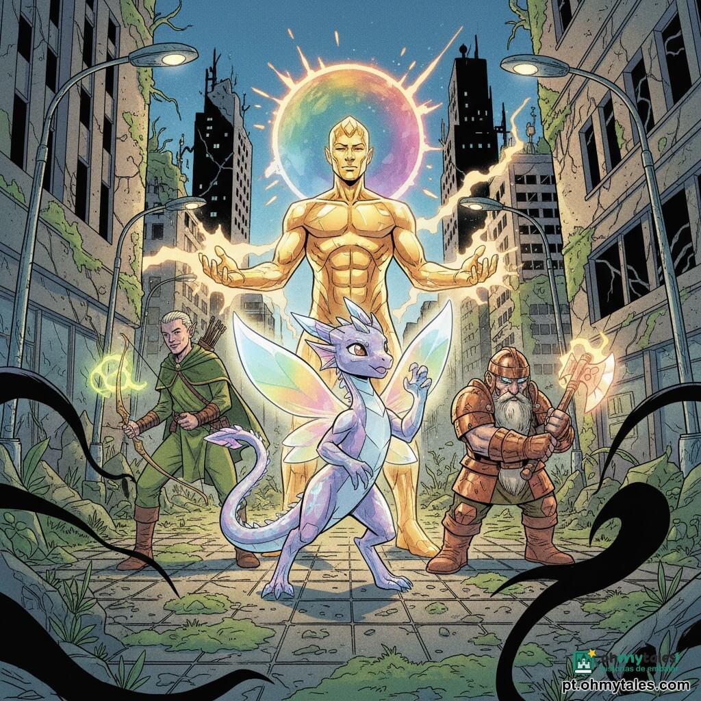 Luma, uma pequena draco de cristal iridescente com asas translúcidas e rosto curioso, exala um brilho arc‑íris enquanto ergue as patas em gesto protector; atrás dela, um guardião de luz humanoide de cristais dourados, de rosto sereno, mantém as mãos abertas emitindo aura cálida; ao redor, em semicírculo, aliados prontos para lutar — uma elfa alta de vestido verde com um arco luminoso à esquerda e dois anões robustos em armaduras de cobre brandindo machados à direita; cenário: praça urbana em ruínas com arranha‑céus apagados, pedras rachadas, postes tortos, vinhas e musgos luminescentes e, ao centro, um portal circular flutuante pulsando cores; situação: uma onda de luz de Luma e seus aliados afasta sombras negras sinuosas, composição dinâmica com contrastes entre cores vivas e áreas escuras, texturas cristalinas e reflexos brilhantes.