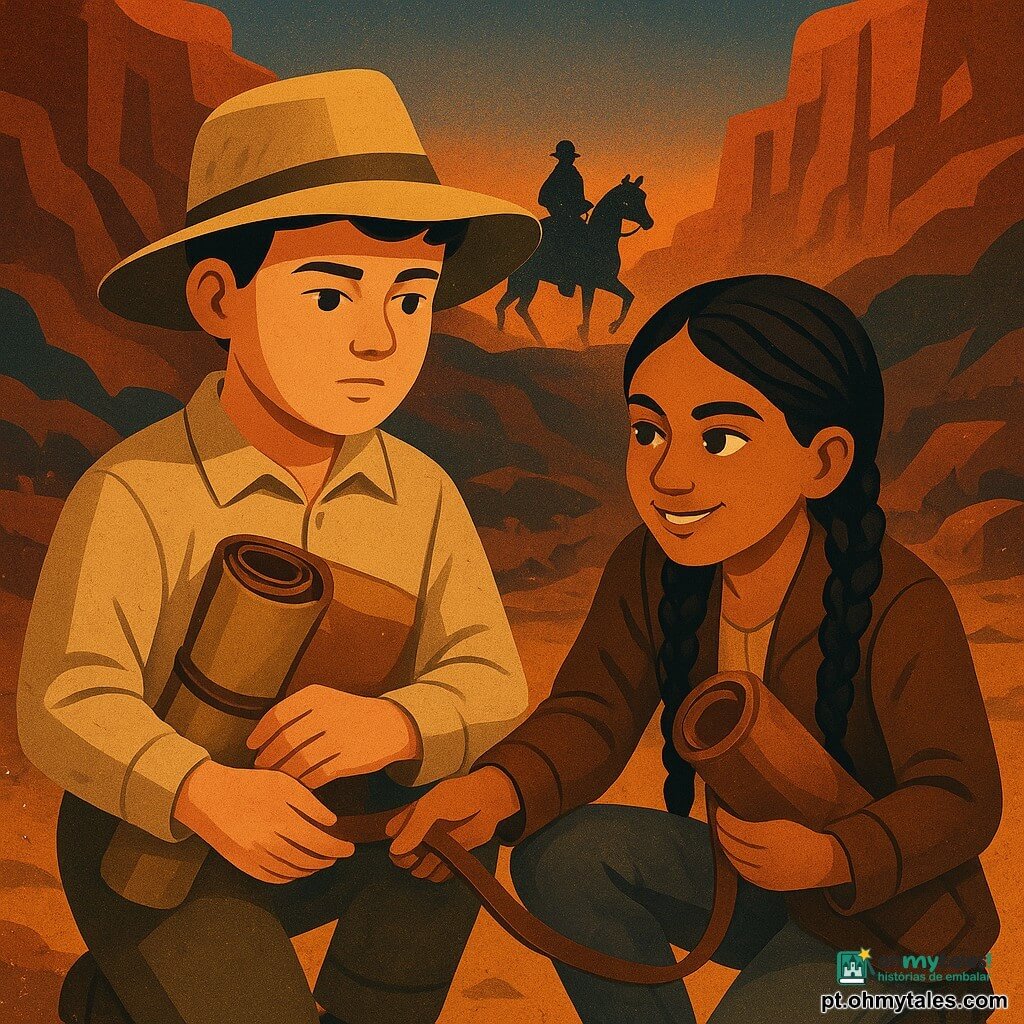 Um garoto (Tomás, ~12 anos) calmo e determinado, rosto redondo, pele clara, chapéu grande e camisa bege empoeirada, segura um catre de lona e couro enrolado contra o peito; uma garota (Naya, ~12 anos) vivaz e travessa, pele morena, longas tranças, jaqueta marrom e calça gasta, agachada ao lado dele, abraça um rolo de couro e estende uma alça, sorriso contido e olhos vivos; ao fundo, duas silhuetas mascaradas a cavalo, ameaçadoras, na sombra de um desfiladeiro rochoso; o local é um cânion árido ao crepúsculo com paredões vermelhos, céu laranja que vira índigo, tendas e fogueiras, caixas e uma carroça velha; a cena mostra uma reparação colaborativa do catre à luz dourada do acampamento, tensão por causa das figuras distantes, poeira no ar com partículas alaranjadas e texturas de couro, madeira e metal visíveis.