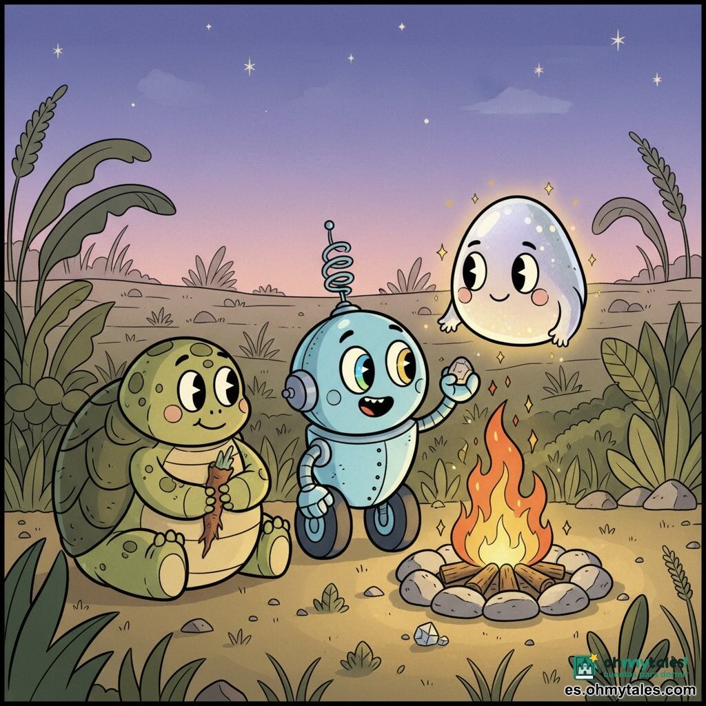 Rizo, un pequeño robot con ruedas y chasis redondo de metal pulido azul cielo, antena en espiral brillante y grandes ojos circulares cambiantes, está sentado junto a una hoguera y extiende su mano metálica hacia una pequeña piedra luminosa. Luna, una piedra flotante luminosa de superficie nacarada plateada que emite chispas doradas, flota a la derecha de Rizo y sonríe suavemente iluminando la escena. Nimi, una criatura prehistórica amistosa de caparazón redondeado y textura terrosa y verdosa, ojos curiosos, está a la izquierda del fuego mirando a Rizo y sostiene una raíz cocida. El lugar es una amplia pradera prehistórica al crepúsculo con hierbas altas que se mecen, grandes plantas de hojas anchas, cielo violeta con estrellas nacientes, un círculo de piedras calientes y pequeños cristales brillantes alrededor del fuego. Escena centrada, calma y cálida, tonos anaranjados, violetas y verdes suaves, texturas visibles y estilo cartoon retro “rubber hose” con líneas fluidas y proporciones redondeadas.