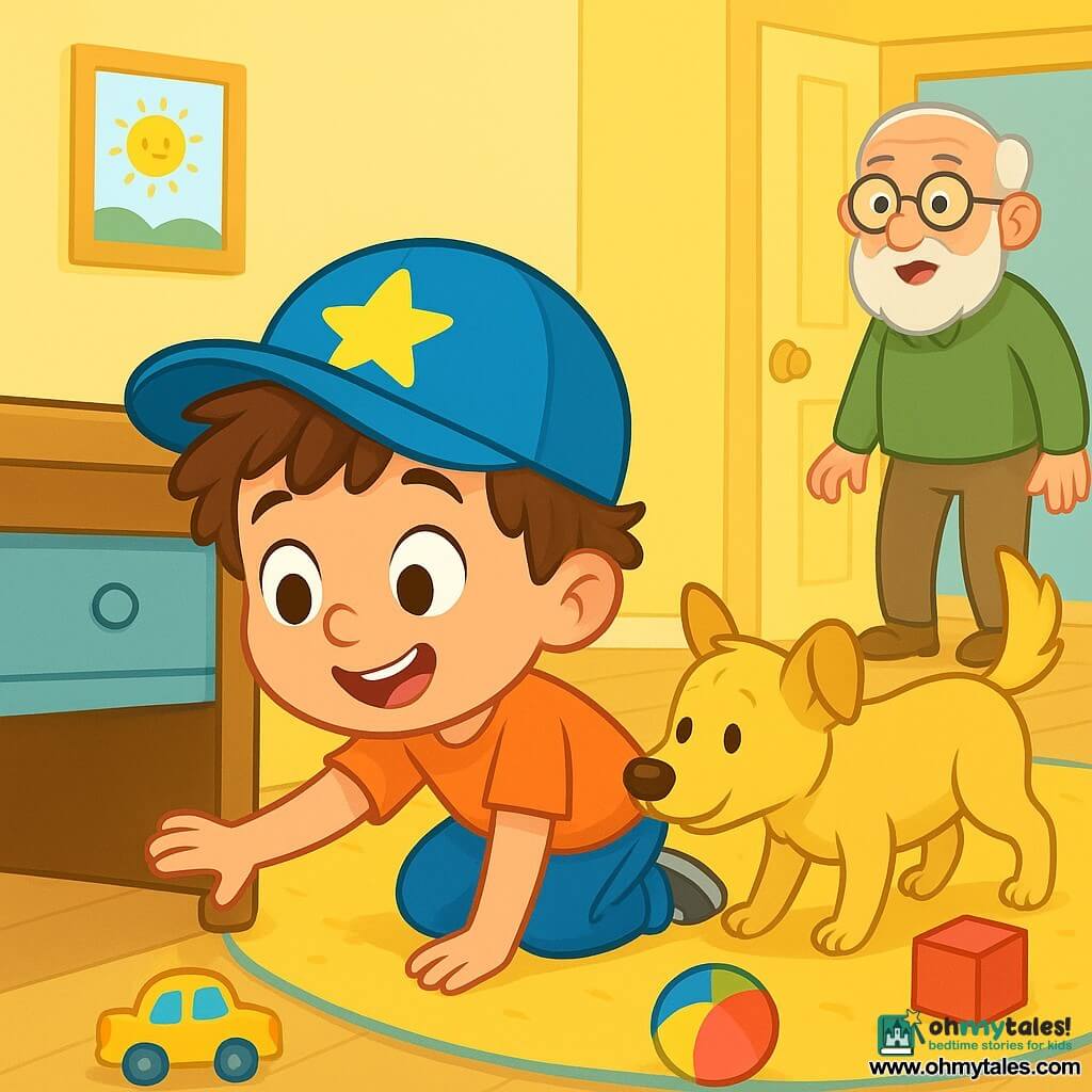 A 4-year-old boy named Sammy, with messy brown hair and a big curious smile, is wearing a blue hat with a shiny star. He is crouched down, eyes sparkling with excitement, searching under a piece of furniture. Next to him, Poppy, a small golden-haired dog, is wagging her tail joyfully, ears perked up, sniffing a corner of the room. In the background, a tall elderly man, Sammy's grandfather, with round glasses and a white beard, stands by the door, looking surprised and observing the scene with a warm smile. The room is bright and welcoming, with pastel yellow walls, toys scattered on the floor, and a large fluffy rug. Sammy and Poppy are on a quest to find the lost blue hat, surrounded by colorful toys and mysterious clues, creating an atmosphere of adventure and curiosity.