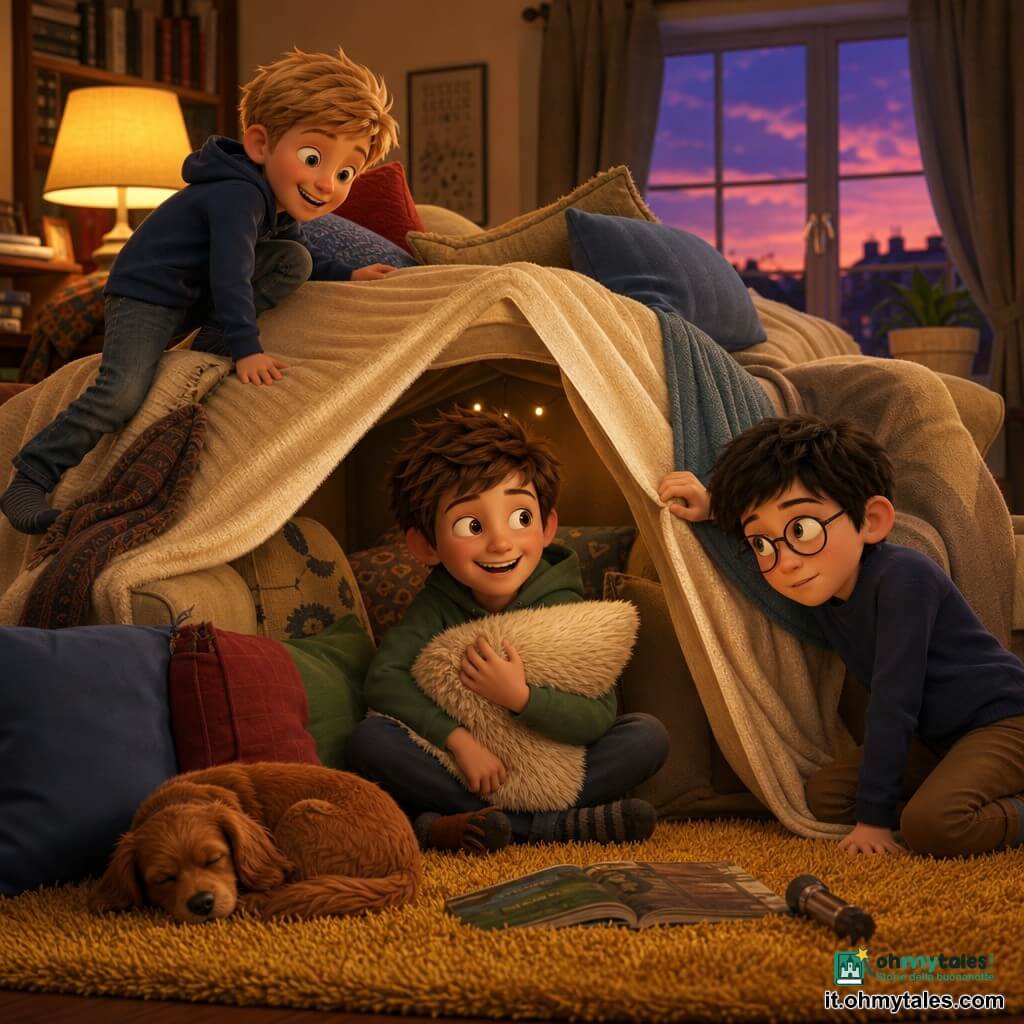 Ci sono 3 bambini: Marco, circa 9 anni, capelli castani spettinati, sorridente, seduto al centro sotto la coperta più grande con un cuscino morbido contro il petto; Luca, circa 9 anni, capelli biondi corti, energico, a sinistra di Marco in equilibrio sullo schienale del divano; Giovanni, circa 10 anni, capelli neri e occhiali tondi, riflessivo, a destra di Marco inginocchiato mentre solleva una coperta per mostrare un passaggio segreto. Luogo: un salotto accogliente con un grande divano crema, tappeto spesso color senape, luce gialla soffusa, pile di coperte dalle trame visibili (lana, cotone, pile) e cuscini colorati; alla finestra un cielo crepuscolare rosa e viola e il cane Briciola, piccolo e rossiccio, accoccolato vicino ai piedi dei bambini. Situazione: i tre amici costruiscono una fortezza di coperte e cuscini al centro del salotto; atmosfera intima e calda, tessuti e pieghe visibili, espressioni gioiose e complici, miscela di avventura e sonno imminente.