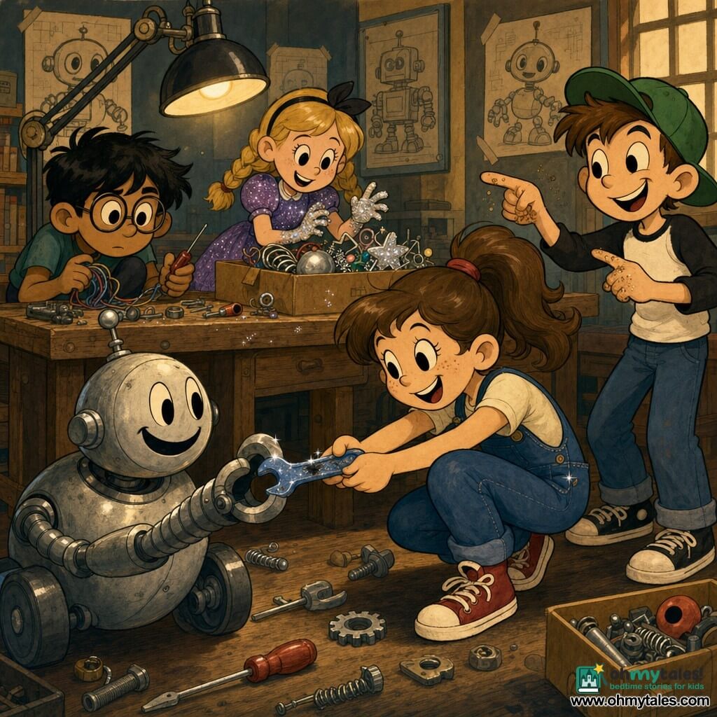 A happy, focused 10-year-old girl with a round freckled face and brown ponytail, wearing blue overalls and red sneakers, crouches and removes a small shiny blue wrench from the mechanical claw of a small smiling round robot; to the right, about 11-year-old Sammy, grinning and slightly mischievous in a green cap with crumbs on his fingers, points at her as if confessing a prank; behind a table on the left, serious 10-year-old Raj with tousled black hair and round glasses crouches holding wires and a screwdriver; nearby, cheerful 9-year-old Zoe with braided blonde hair and a sparkly dress stands by a box of props with silver glitter on her hands; a school robotics workshop with a large wooden table strewn with tools, open boxes and gleaming metal parts, robot posters on the wall and warm light from an adjustable lamp; the team discovers the blue wrench stuck in the robot's claw, with a greasy fingerprint on the handle and silver glitter on the key, creating a playful, curious atmosphere.