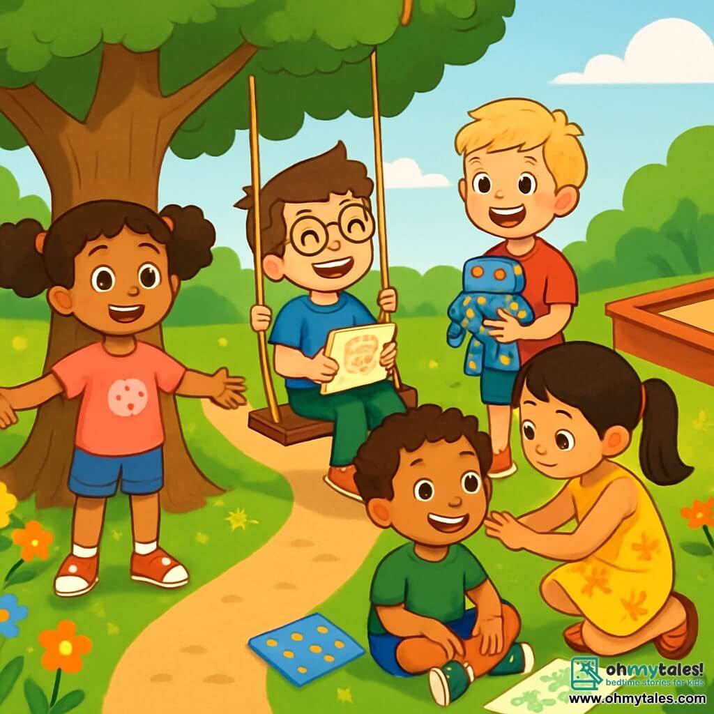 There are 5 children: - Lily: an 8-year-old girl with curly brown hair in pigtails. She wears a pink t-shirt with a cat design and denim shorts. She is smiling and standing with her arms open near a large oak tree. - Ben: a 9-year-old boy with brown hair and round glasses. He wears a blue t-shirt and green pants. He is sitting on a swing, laughing, with a sketchbook in his hands. - Maya: an 8-year-old girl with smooth black hair in a ponytail. She wears a yellow floral dress and sandals. She is crouching, putting stickers on Sam's arm. - Ethan: an 8-year-old boy with messy blonde hair. He wears a red t-shirt and blue shorts. He is standing, holding a plastic robot, with a big smile on his face. - Sam: a 9-year-old boy with curly hair and fair skin. He wears a green t-shirt and green sneakers. He is sitting on the ground, surrounded by dragon drawings, with a happy and curious look. The scene takes place in a sunny park, with a large oak tree in the center, colorful swings, and a sandbox. Multicolored flowers line the path, and children play joyfully around. The sky is blue with a few white clouds, and the grass is bright green. The main situation shows the children celebrating "Difference Day." They laugh together, share stickers and drawings, and enjoy showing what makes them special. The atmosphere is joyful and welcoming, full of colors and smiles.