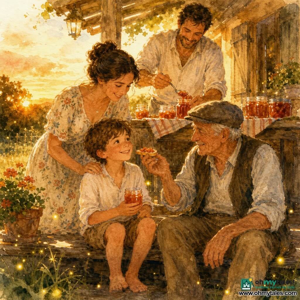 An 8-year-old boy with a round face, freckles and messy brown hair, smiling and holding a small orange-red jam jar while sitting on a wooden porch step; his mother (≈35) with brown hair in a bun and a floral dress leans toward him smiling with a hand on his right shoulder; his father (≈37), broad and with sleeves rolled up, stands behind a wooden table spooning jam into a jar; the grandfather (≈68) with wrinkled skin and a soft cap sits beside the boy, spreading jam on toast with a tender look; a weathered wooden veranda at dusk, a rustic table with lined jam jars, striped tea towels and glass jars reflecting golden light, green grass and fireflies in the background; a warm, calm summer twilight family moment tasting homemade jam, in orange, yellow and green tones with soft watercolor washes and controlled splatters suggesting light and sweetness.