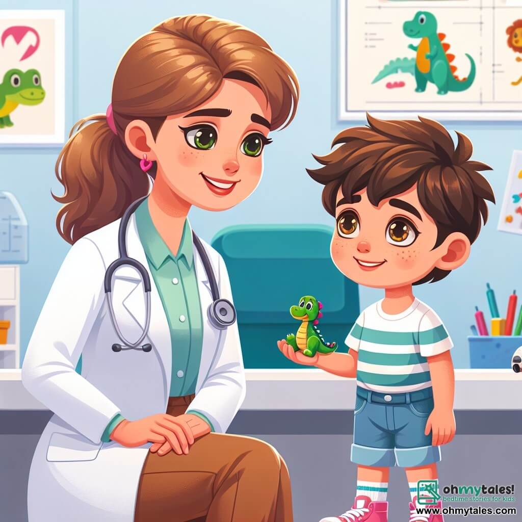 In a bright and welcoming clinic, Dr. Stella, a female doctor, is depicted with a warm smile. She has her brown hair tied back in a neat ponytail and wears a white coat with pink sneakers. Her eyes shine with empathy as she crouches down to listen to a young patient. Next to her is Leo, an 8-year-old boy with curly hair and sparkling eyes of curiosity. He holds a small plastic dinosaur in his hand, looking at Dr. Stella with admiration. His mother, a woman in her thirties with a gentle smile and brown hair, stands behind him with her arms crossed, showing a look of relief and confidence. The scene takes place in an examination room decorated with colorful dinosaur posters and health tips. A stethoscope rests on the table, and toys are scattered around, creating a friendly and reassuring atmosphere. Dr. Stella enthusiastically explains to Leo how to listen to his heart with a stethoscope, while Leo leans forward, eager to discover the sound of his own heartbeat.