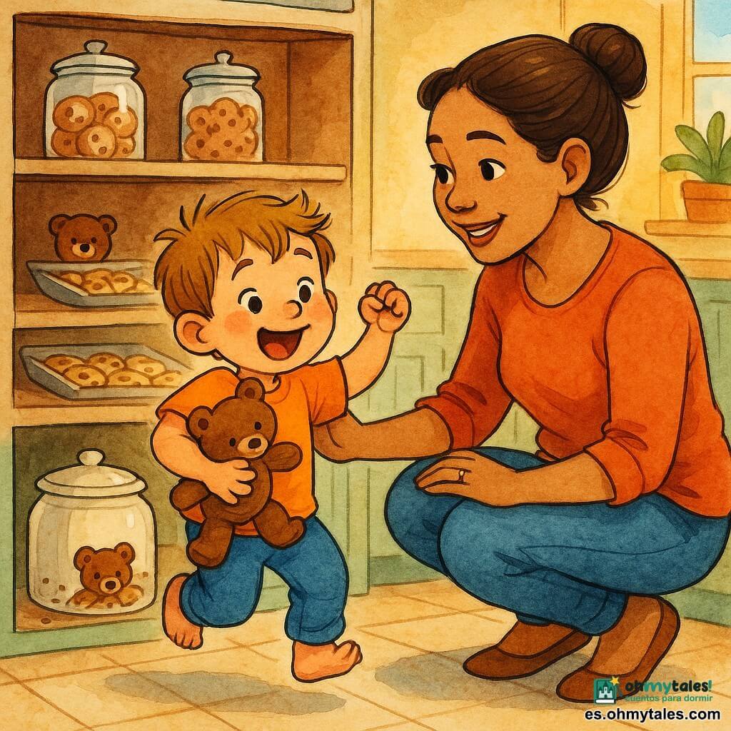 Niño de 4 años de rostro redondo y cabello castaño claro despeinado, ojos brillantes y expresión maravillada y orgullosa; abraza un pequeño osito de peluche marrón, mejillas sonrosadas y saltando de alegría. Madre de unos 30 años, cabello castaño recogido en moño, sonrisa tierna, agachada junto al niño con la mano en su hombro, mirando la escondida con benevolencia. Cocina cálida y colorida: azulejos claros, muebles de madera pintados en verde pastel, estantería abierta con un bote de galletas de cerámica crema y migas visibles. El niño descubre el osito detrás del bote, luz suave de la tarde entra por la ventana, pequeñas sombras, ambiente doméstico seguro y alegre. Estilo: trazos de tinta nítidos, acuarela cálida, texturas de tela en el peluche y reflejos ligeros en la cerámica.
