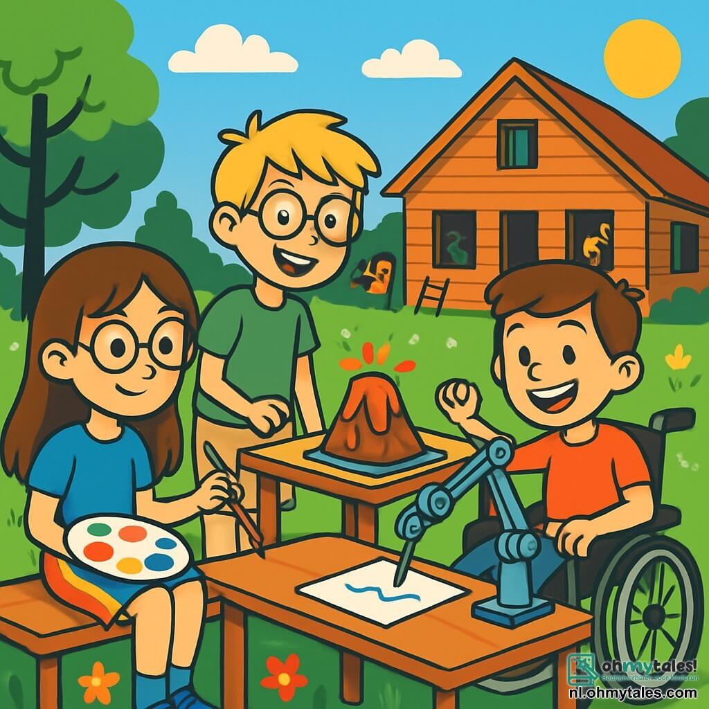 Er zijn 3 personages: - Tessa: een 10-jarig meisje met lang bruin haar en ronde brillen. Ze draagt een blauwe t-shirt en een kleurrijke rok. Ze zit op een houten bank met een palet en een penseel, klaar om haar meesterwerk te creëren. - Sam: een 11-jarige jongen met messy blond haar en een bril. Hij draagt een groene t-shirt en een beige short. Hij staat naast een tafel en kijkt enthousiast naar een kleine wetenschappelijke proef met een uitbarstende vulkaan. - Lucas: een 10-jarige jongen in een rolstoel, met kastanjebruin haar en een grote glimlach. Hij draagt een rode t-shirt en jeans. Hij laat trots zijn robotarm zien die op papier tekent. De locatie is een levendig zomerkamp, omgeven door groene bomen en kleurrijke bloemen. Op de achtergrond is er een groot houten gebouw met open ramen en kinderen die spelen en lachen. De lucht is blauw met enkele witte wolken en de zon schijnt, wat een vrolijke en zomerse sfeer creëert. De belangrijkste situatie toont Tessa, Sam en Lucas die creatief bezig zijn, elk gefocust op hun project. Tessa schildert, Sam doet een wetenschappelijk experiment en Lucas gebruikt zijn robotarm om te tekenen, allemaal omringd door een sfeer van kameraadschap en enthousiasme.