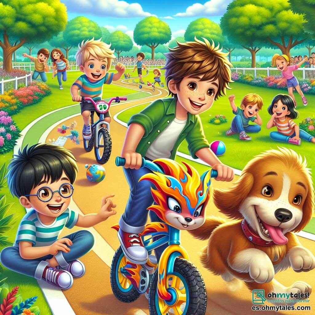 En un parque soleado, cuatro niños se preparan para una carrera divertida. Pedro, un niño de 10 años con cabello castaño alborotado y una gran sonrisa, está en el centro, sobre su bicicleta decorada con llamas coloridas, listo para partir. A su derecha, Lucas, un niño de 9 años con gafas redondas y cabello rubio, sostiene un plano en sus manos, mostrando una expresión concentrada. A la izquierda, Manu, un niño de 10 años con cabello negro y pecas, hace muecas mientras sostiene un globo colorido, listo para lanzarlo. Finalmente, Nico, un niño de 8 años con cabello castaño y ojos brillantes, está agachado cerca de Max, un perro alegre de pelaje dorado que ladra de emoción. El parque está lleno de vegetación, con majestuosos árboles, flores coloridas y una pista de carrera que serpentea por el paisaje. Niños ríen y juegan alrededor, mientras un grupo de espectadores se agrupa alrededor de la pista, ansiosos por ver la carrera. La escena principal muestra a Pedro lanzándose en su bicicleta, rodeado de globos coloridos que flotan a su alrededor, mientras sus amigos lo animan con entusiasmo. La atmósfera está llena de energía y alegría, capturando el espíritu de un desafío imposible transformado en una aventura inolvidable.