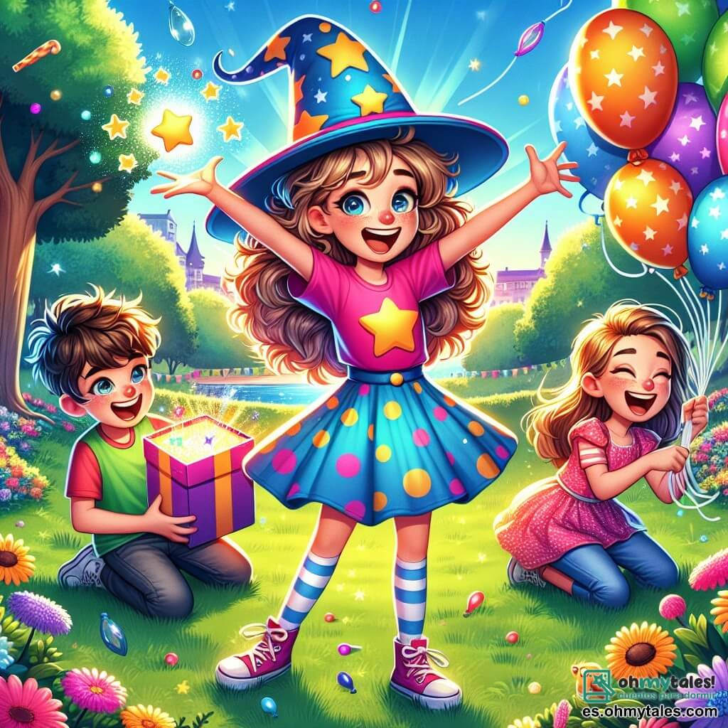 Una niña de 10 años, Clara, con cabello rizado y una gran sonrisa, se encuentra en el centro de la imagen, vistiendo una camiseta colorida y una falda de lunares. Está haciendo un gesto exagerado, como si lanzara un hechizo con un sombrero mágico decorado con estrellas. A su derecha, Lucas, un niño de 10 años con cabello castaño desordenado, se ríe a carcajadas, sosteniendo globos multicolores que flotan a su alrededor. A su izquierda, Ana, una niña de 9 años con cabello largo y liso, sostiene una caja misteriosa, con los ojos brillando de curiosidad, lista para revelar su contenido. Al fondo, el parque es verde, lleno de árboles majestuosos, flores coloridas y un cielo azul brillante, creando una atmósfera alegre y juguetona. La escena representa el momento en que Clara y sus amigos se preparan para presentar sus bromas, rodeados de risas y emoción, capturando el espíritu de amistad y diversión de su concurso de bromas.