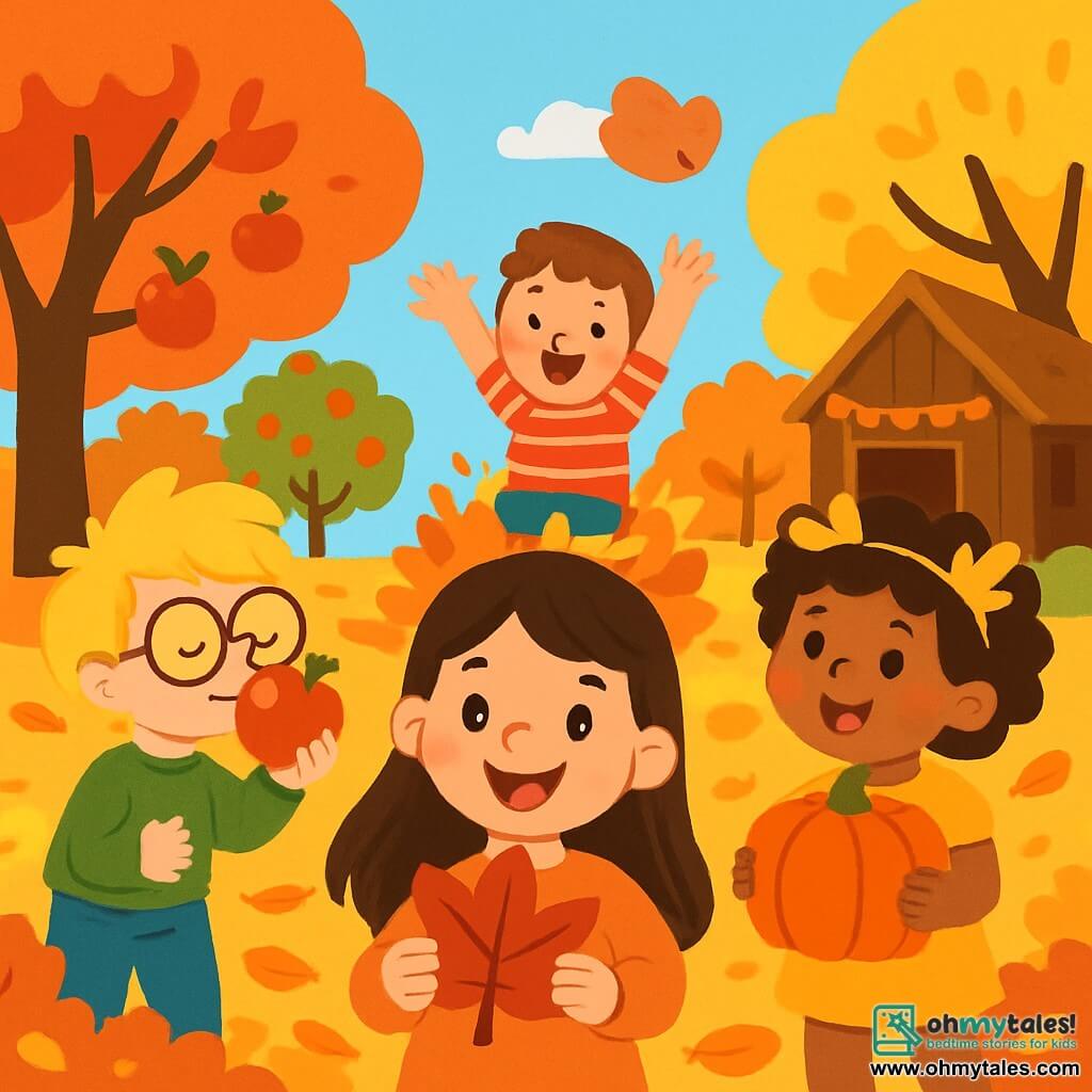 There are 4 children: Mia, a 5-year-old girl with long brown hair and a bright smile, holding a large red leaf and standing in the center of the image; Ben, a 6-year-old boy with messy blonde hair and round glasses, to the left of Mia, smelling a shiny red apple; Lily, a 5-year-old girl with curly hair and a crown of yellow leaves, to the right of Mia, holding a big orange pumpkin; and Max, a 4-year-old boy with brown hair and a striped t-shirt, slightly behind, joyfully jumping into a pile of colorful leaves. The scene takes place in an autumn park with trees adorned in vibrant red, orange, and yellow leaves, a ground covered in crunchy leaves, and a clear blue sky. In the background, there are apple trees laden with fruit and a small wooden cabin decorated with garlands of leaves. The main situation shows the children having fun together at an autumn festival, laughing and playing with the leaves, creating a joyful and festive atmosphere.