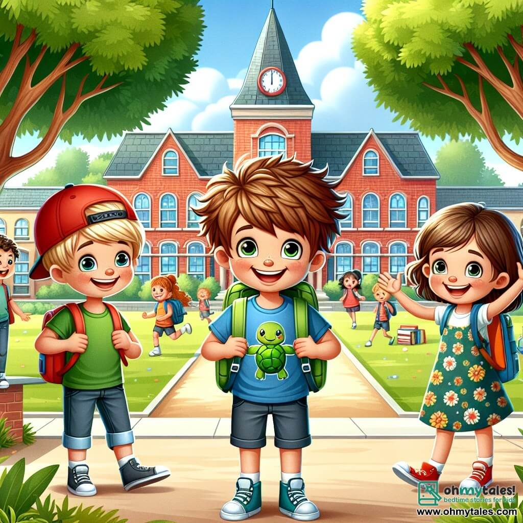 There are three main characters: 

1. Jamie, a 10-year-old boy with messy brown hair, wearing a blue t-shirt with a turtle design. He stands in the center, a nervous smile on his face, holding a colorful backpack filled with school supplies.

2. Alex, a 10-year-old boy with blonde hair, wearing a red cap backward. He is to the left of Jamie, arms raised in encouragement, with a big smile, ready to face the first day of school.

3. Zoe, a 10-year-old girl with long, curly brown hair, wearing a floral dress. She is to the right of Jamie, holding a sketchbook, displaying a friendly and curious smile.

The scene takes place in a lively schoolyard surrounded by tall trees with bright green leaves, with a red brick school building in the background. Children are playing and laughing around them, creating a joyful and welcoming atmosphere.

The main situation shows Jamie, Alex, and Zoe standing together, ready to enter the school for their first day, with expressions of excitement and nervousness, symbolizing the start of a new school adventure.
