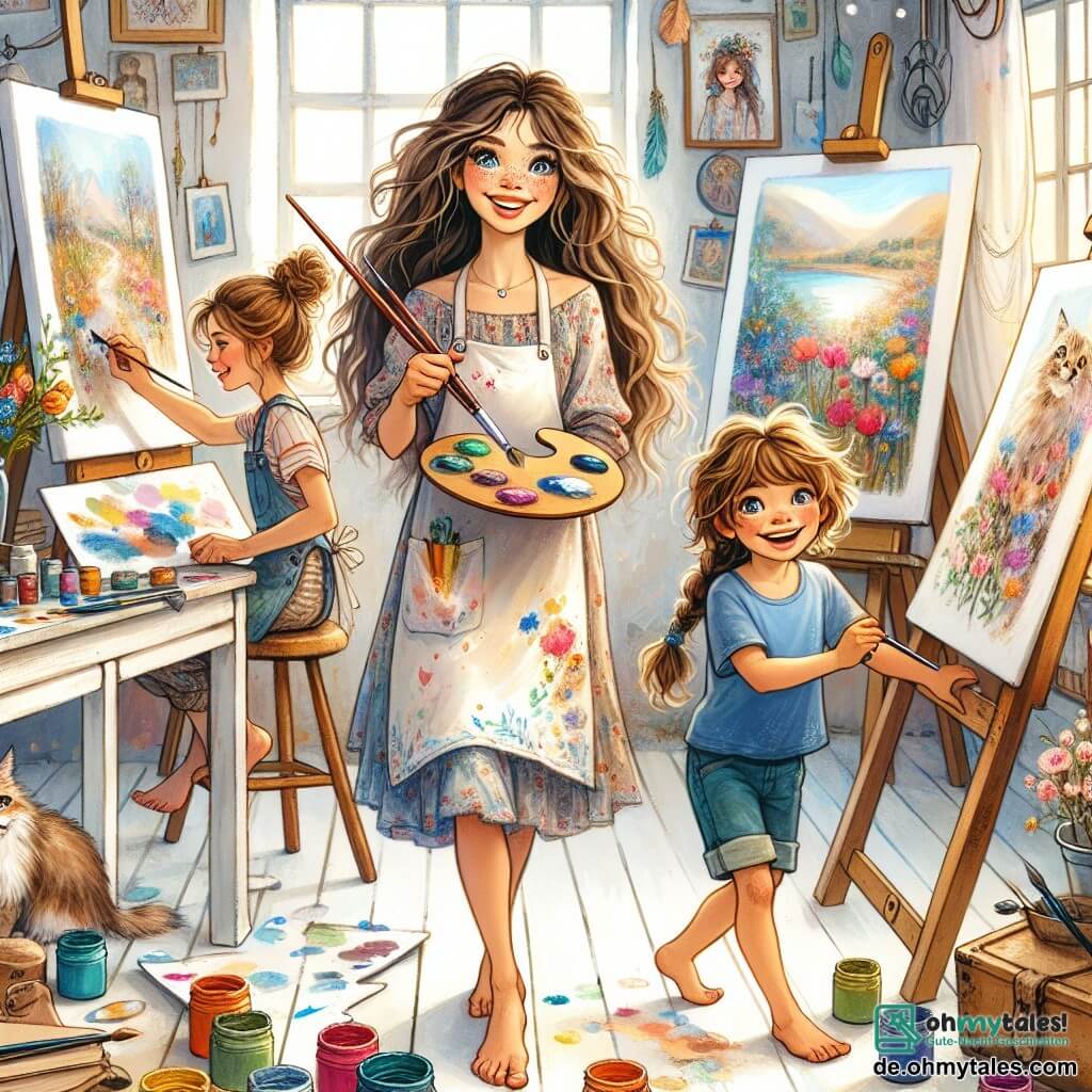Mia, eine Künstlerin mit langen, lockigen Haaren, sitzt in ihrem Atelier vor einer großen weißen Leinwand. Sie hat ein strahlendes Lächeln im Gesicht und leuchtende Augen voller Inspiration, während sie einen bunten Pinsel in der Hand hält. Sie trägt eine mit Farbe bespritzte Schürze, und um sie herum sind Töpfe mit lebhaften Farben verstreut. Tim, ein 8-jähriger Junge mit zerzausten braunen Haaren, steht neben ihr und beobachtet sie fasziniert. Er trägt ein blaues T-Shirt und Shorts und hält einen kleinen Strauß bunter Blätter, die er im Garten gesammelt hat. Lea, ein 7-jähriges Mädchen mit geflochtenen blonden Haaren, hockt neben Tim. Sie lächelt fröhlich und hält ein kleines Skizzenbuch in der Hand, bereit, das zu zeichnen, was sie sieht. Sie trägt ein Blumenkleid, das um sie herum tanzt. Das Atelier ist hell und einladend, mit weißen Wänden und Fenstern, die Sonnenlicht hereinlassen. An den Wänden hängen Leinwände in verschiedenen Größen, die farbenfrohe Landschaften und Tiere darstellen. Pinsel und Paletten sind auf einem großen Holztisch verstreut. In dieser Szene schaffen Mia, Tim und Lea gemeinsam ein Kunstwerk, inspiriert von ihrem Spaziergang in der Natur, voller lebhafter Farben und Freude. Mia zeigt ihren jungen Freunden, wie man die Farben mischt, um ihre Ideen zum Leben zu erwecken.