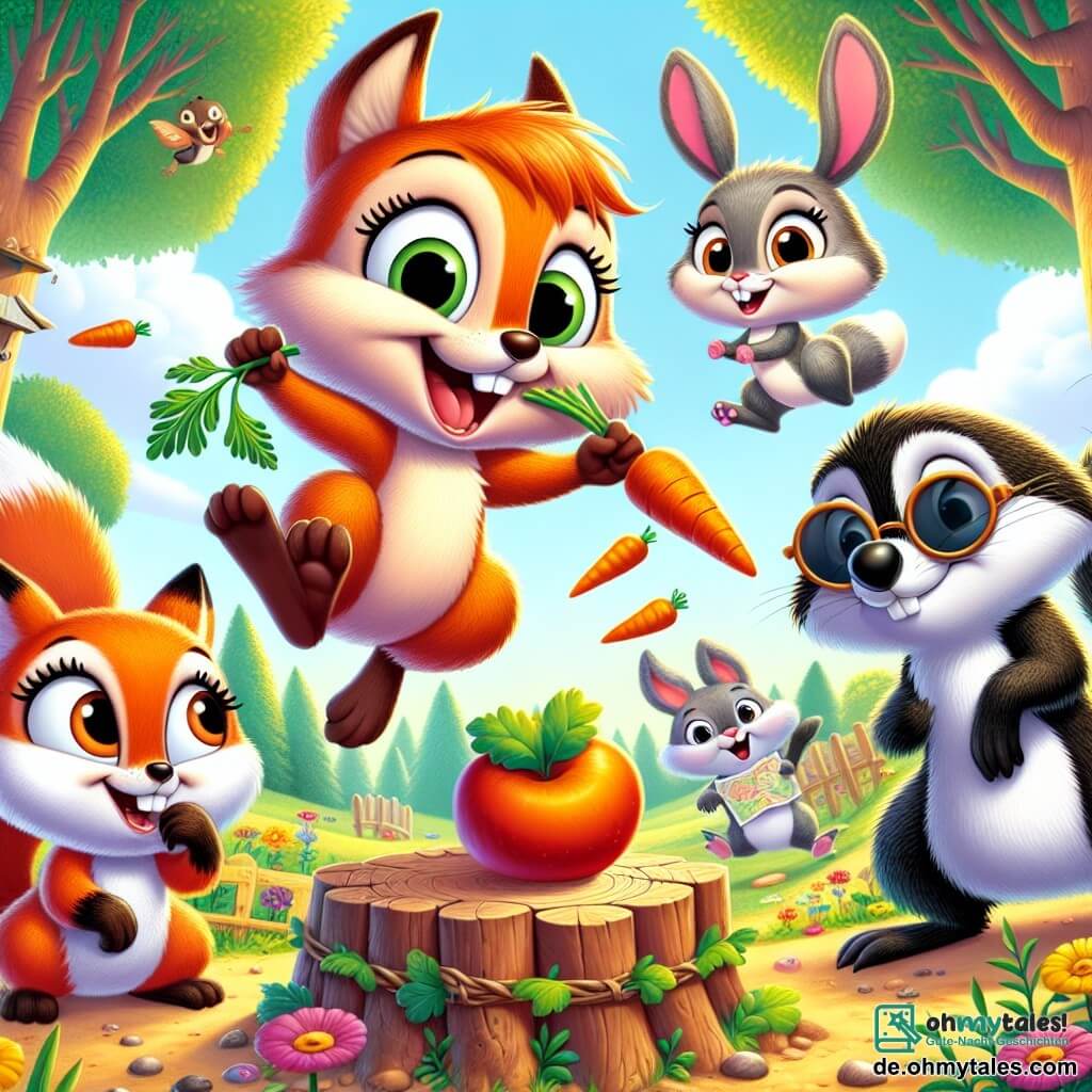 Timmy, ein kleiner Eichhörnchen mit funkelnden Augen und seidigem braunem Fell, springt vor Freude, sein breites Lächeln zeigt kleine weiße Zähne. Er hält eine Karotte in seinen Vorderpfoten, die Ohren aufgerichtet und voller Enthusiasmus. Neben ihm lacht Bella, ein Fuchs mit leuchtend rotem Fell, ihre schelmischen Augen strahlen vor Freude, während sie in einen saftigen Apfel beißt. Max, ein Maulwurf mit Sonnenbrille und schwarz-grauem Fell, schaut mit einem zufriedenen Lächeln zu und hält eine Tunnelkarte in seinen Pfoten. Lenny, ein großer Hase mit langen weißen Ohren, macht einen unbeholfenen Sprung, seine großen Hinterbeine in der Luft, mit einer Karotte im Gleichgewicht auf seinem Kopf, und zeigt einen amüsierten Gesichtsausdruck. Die Szene spielt sich auf einer sonnigen Lichtung im Wald ab, umgeben von majestätischen Bäumen mit leuchtend grünen Blättern und bunten Blumen, die den Boden bedecken. In der Mitte vibriert eine gebastelte Maschine aus Ästen und alten Gegenständen und macht fröhliche Geräusche, während Karotten durch die Luft fliegen. Die Freunde testen ihre lustige Erfindung und lachen gemeinsam in einer Atmosphäre von Kameradschaft und Kreativität.