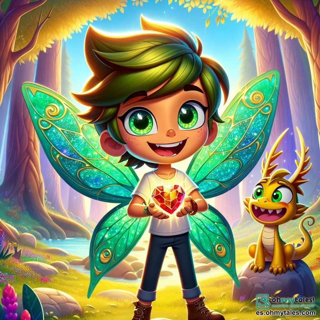 Lucio, un joven duende con alas de mariposa brillantes como esmeraldas, se encuentra en el centro de la escena, su rostro radiante de determinación y alegría. Tiene grandes ojos chispeantes y cabello dorado que flota suavemente en el viento, mientras sostiene el Corazón de la Alegría, una gema colorida que emite una luz deslumbrante. A su lado está Skippy, un dragón amigable con escamas doradas y ojos traviesos, que sonríe ampliamente mostrando sus dientes blancos. El paisaje es un hermoso claro del Bosque Brillante, rodeado de árboles majestuosos con hojas doradas y flores de colores vivos, mientras un suave rayo de sol atraviesa las ramas, iluminando la escena con una luz cálida y mágica. Lucio levanta la gema por encima de su cabeza, listo para devolver la alegría al bosque, mientras destellos de luz bailan a su alrededor, simbolizando el regreso de la magia y la alegría al Bosque Brillante.