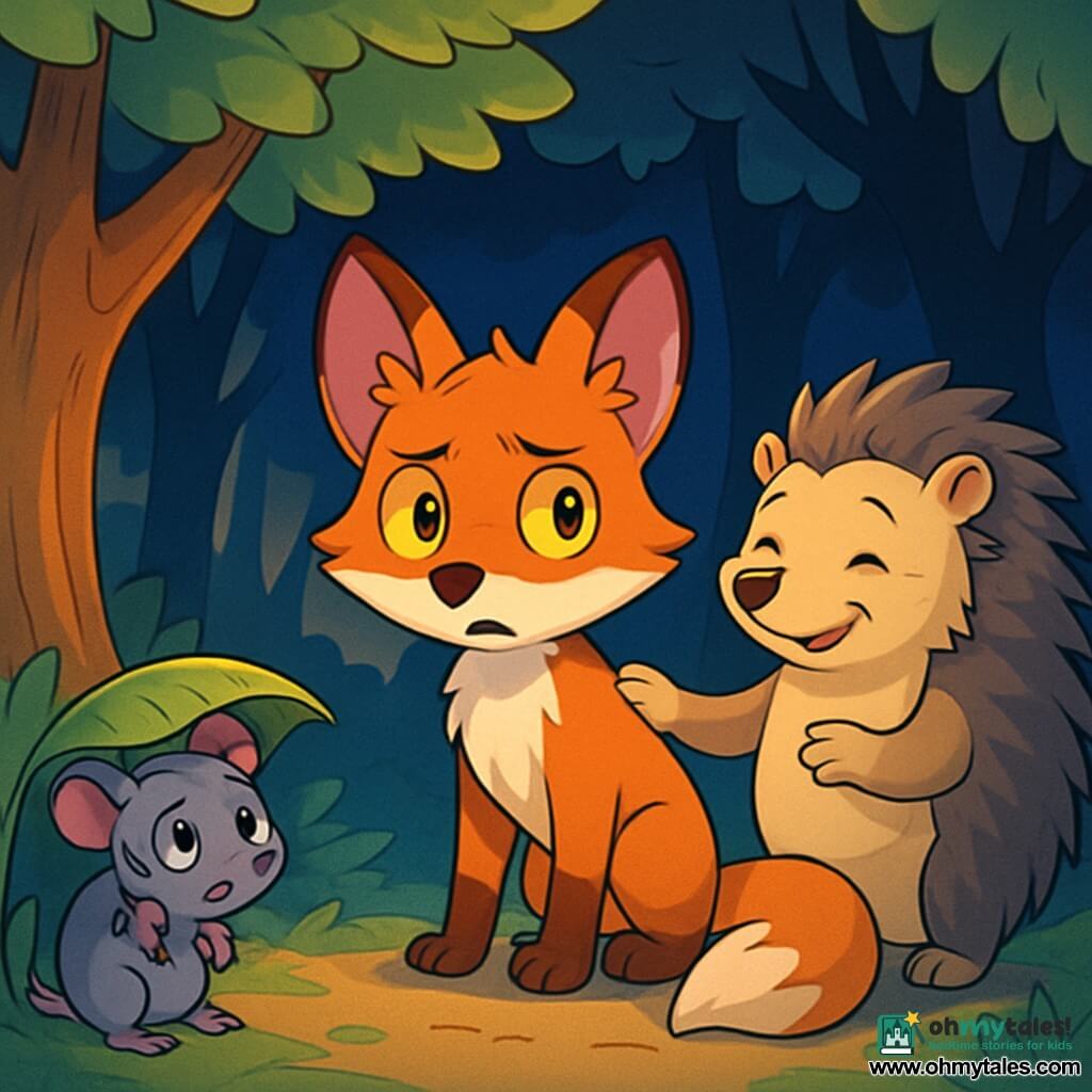 A young fox with amber eyes, bright red fur, and a bushy tail stands at the center of the image, looking both curious and slightly anxious, with its ears perked up and body leaning forward. To its right, an old hedgehog with a spiky back and wise eyes encourages it with a friendly gesture, displaying a calm and kind expression. On the left, a small gray mouse shivers under a leaf, watching the fox with wide eyes, showing slight fear but also hope. The setting is an enchanted forest with tall, gnarled trees and vibrant green leaves, as beams of sunlight filter through the foliage, creating dancing shadows on the ground. The scene takes place at dusk, where shadows begin to lengthen, adding a touch of mystery. The fox, with its friends, faces the encroaching darkness, ready to overcome its fear with a deep breath, while the shadows of the trees seem to play around them, turning fear into a courageous adventure.