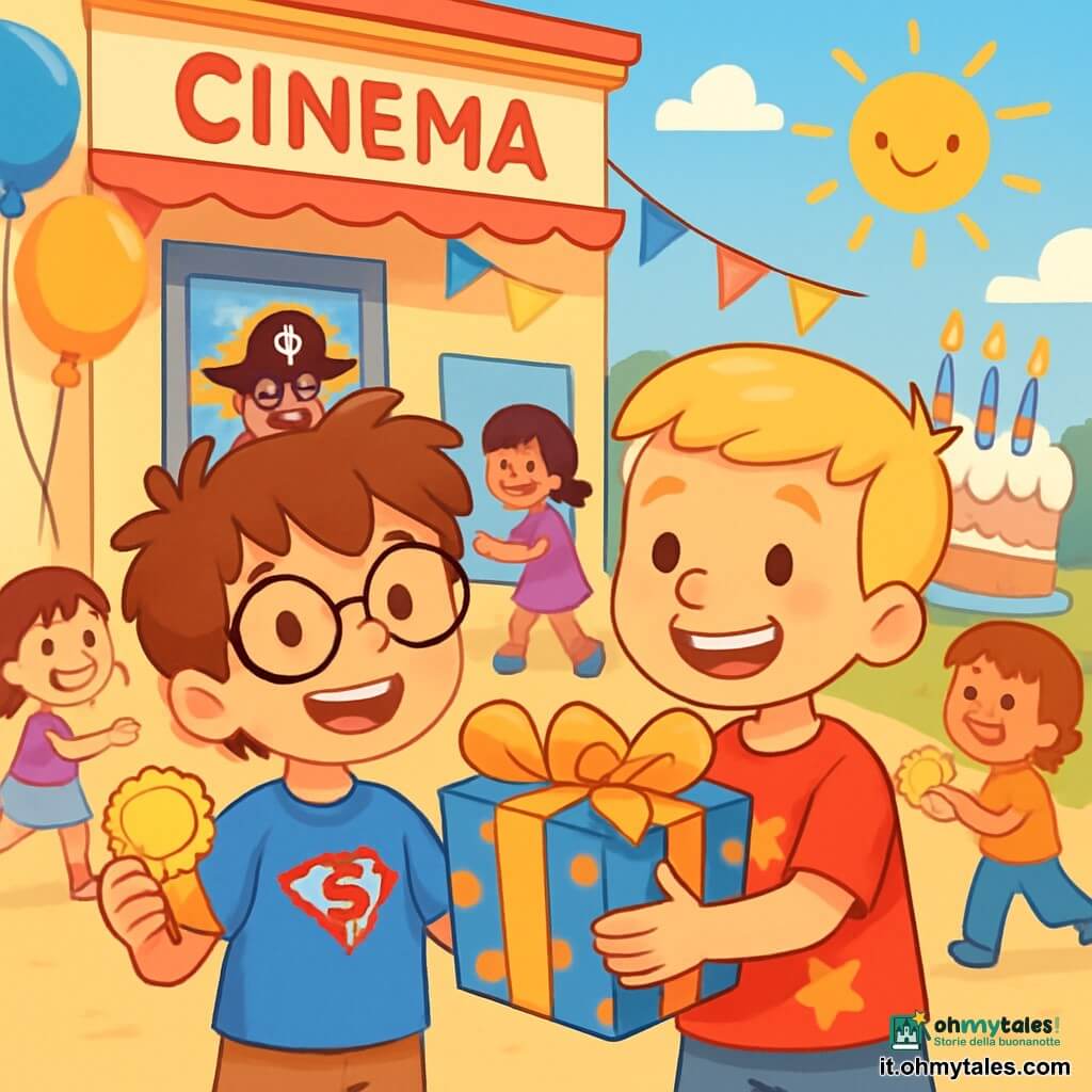 Ci sono 2 personaggi principali: Nico, un ragazzo di 8 anni con capelli castani disordinati, occhiali rotondi e una maglietta blu con un disegno di supereroe, che sorride felicemente tenendo una medaglia di carta colorata nella mano destra; e Leo, un ragazzo di 8 anni con capelli biondi corti e un grande sorriso, che indossa una maglietta rossa con stelle e tiene un grosso pacco regalo pronto da dare a Nico. I due amici sono davanti a un piccolo cinema di quartiere con un manifesto colorato di un film di pirati. Il cinema è circondato da palloni festivi e ghirlande luminose, con un cielo azzurro e soleggiato. La scena principale mostra Nico e Leo che festeggiano il compleanno di Nico distribuendo medaglie di carta ad altri bambini che escono dal cinema, tutti sorridenti ed entusiasti, mentre si sente un'atmosfera festosa e si vede una grande torta di compleanno decorata con candele colorate sullo sfondo.