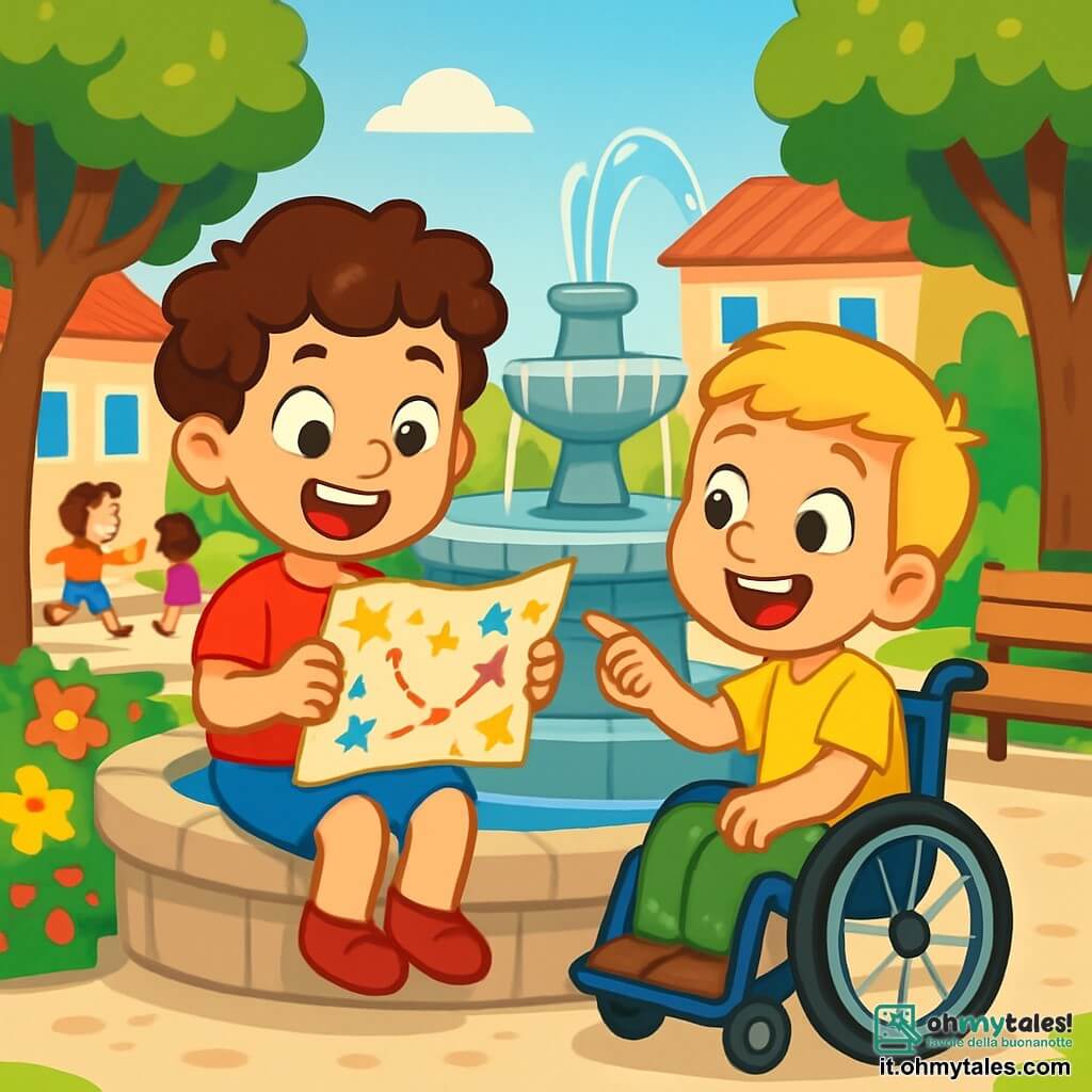 Ci sono 2 personaggi principali: Luca, un bambino di 5 anni con capelli castani e ricci, indossa una maglietta rossa e pantaloni blu, seduto sul bordo della fontana con una mappa del tesoro in mano e un grande sorriso; Matteo, un bambino di 5 anni con capelli biondi e un sorriso splendente, è seduto sulla sua sedia a rotelle, indossa una maglietta gialla e pantaloni verdi, guarda Luca con entusiasmo, indicando la mappa. La scena si svolge in una piazza di villaggio con una fontana di pietra al centro, circondata da fiori colorati e panchine di legno, alberi verdi offrono ombra e bambini giocano sullo sfondo, creando un'atmosfera gioiosa. Luca e Matteo scoprono una mappa del tesoro brillante, pronti a partire per un'avventura insieme, circondati dalla bellezza del loro quartiere soleggiato.
