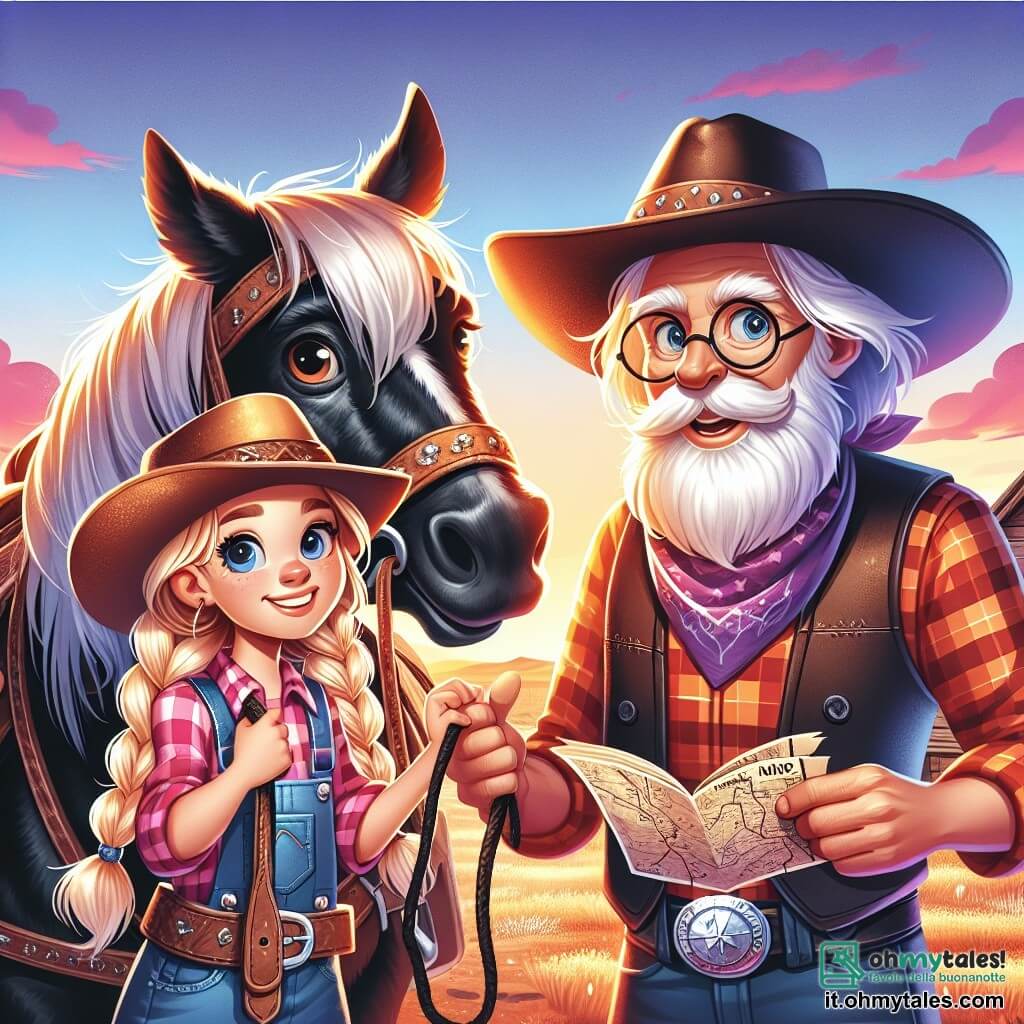 Rosie, una giovane cow-girl con i capelli biondi intrecciati, indossa un grande cappello da cowboy e una camicia a quadri rossa. Il suo viso esprime determinazione ed eccitazione mentre tiene saldamente le redini del suo cavallo, Spruzzo, un magnifico mustang nero dagli occhi vivaci. Accanto a lei c'è un vecchio saggio, un uomo anziano con una lunga barba bianca e occhiali rotondi, che tiene in mano una mappa di pelle, con un'aria seria e misteriosa. Si trovano entrambi ai margini di una prateria dorata, dove il sole tramonta, illuminando il cielo di tonalità arancioni e viola. La scena principale mostra Rosie pronta a partire per un'avventura, mentre guarda la mappa con curiosità, mentre Spruzzo annuisce, impaziente di scoprire il tesoro della Luna d'Argento.