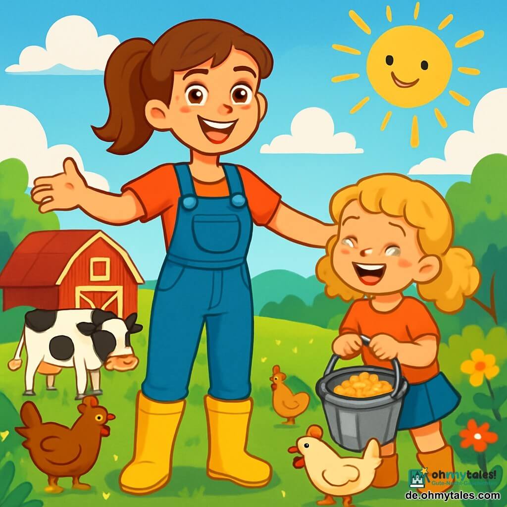 Eine junge Frau, Lena, lächelnd und voller Energie, trägt eine blaue Jeanslatzhose und gelbe Gummistiefel. Ihre kastanienbraunen Haare sind zu einem Pferdeschwanz gebunden, und ihre Augen leuchten vor Aufregung, während sie vor ihrem Bauernhof mit offenen Armen steht, bereit, ihren Tag zu beginnen. Neben ihr hält ein 6-jähriges Mädchen, ihre Schwester, mit lockigem, goldenem Haar einen Eimer voller Körner, um die Hühner zu füttern. Sie lacht fröhlich, ihre rosigen Wangen vom Morgenlicht erhellt. Im Hintergrund ist der Bauernhof von grünen Feldern und bunten Blumen umgeben. Der Himmel ist strahlend blau, durchzogen von weißen, flauschigen Wolken, und die Sonne scheint intensiv, was eine warme und einladende Atmosphäre schafft. Die Szene zeigt Lena und ihre Schwester, die sich darauf vorbereiten, die Hühner zu füttern, umgeben von der fröhlichen Aufregung der Tiere auf dem Bauernhof, mit Hühnern, die den Boden picken, und einer friedlich kaubenden Kuh in der Nähe.