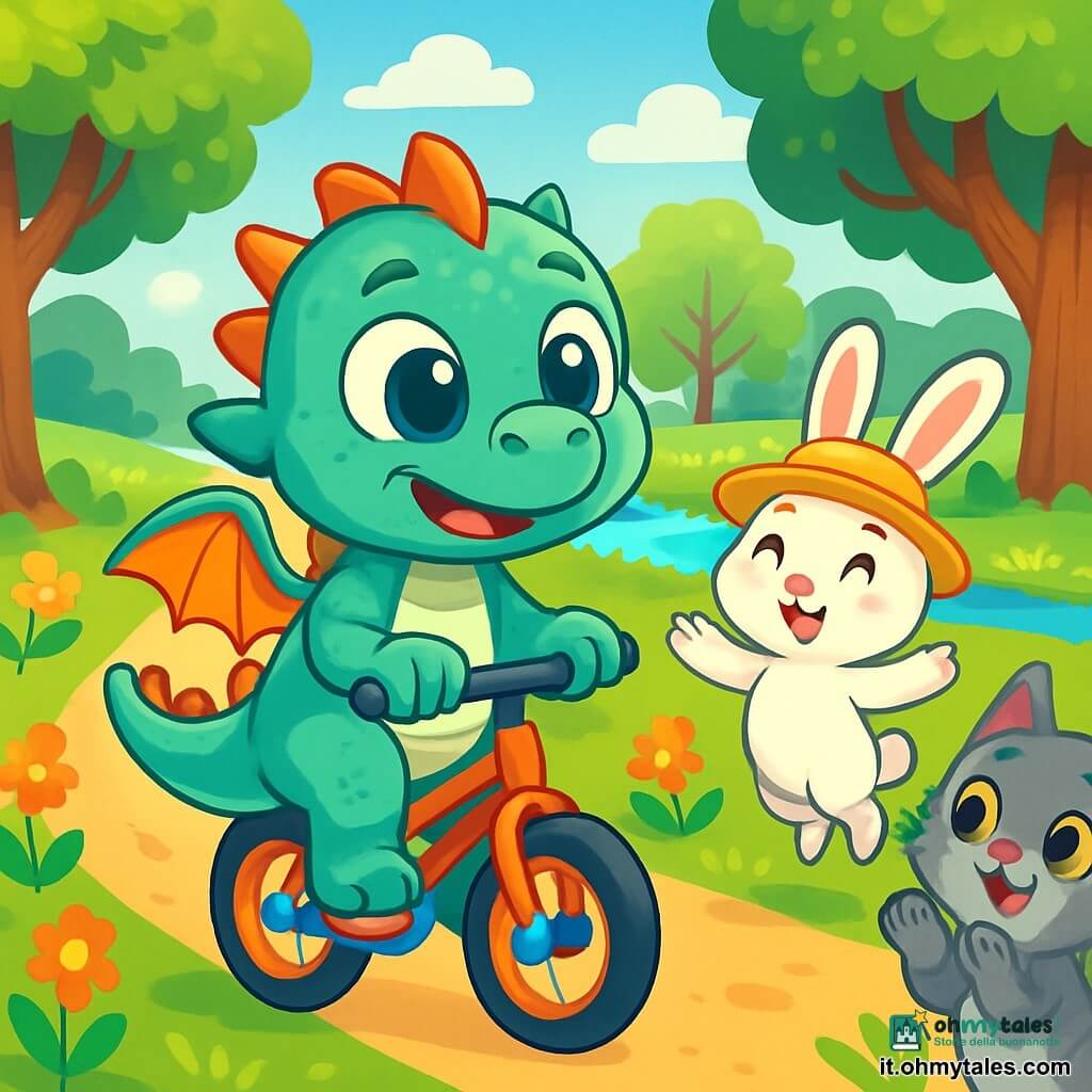 Un piccolo drago dalle squame verde acqua, con grandi occhi brillanti e un sorriso determinato, è seduto sulla sua piccola bicicletta colorata. Sembra sia nervoso che eccitato, pronto a pedalare. Accanto a lui, un adorabile coniglio bianco con grandi orecchie, di nome Tom, salta gioiosamente, con un sorriso incoraggiante sul viso e indossa un piccolo cappello di paglia. Non lontano, una gatta grigia dagli occhi scintillanti, Sara, applaude con entusiasmo, le zampe sollevate, piena di incoraggiamento. La scena si svolge in un parco soleggiato, con alberi dalle foglie verdi vibranti, fiori colorati che danzano al vento e un sentiero di terra che si snoda verso un grazioso ruscello scintillante in lontananza. Il drago, circondato dai suoi amici, è pronto a iniziare la sua avventura in bicicletta, pronto a superare la sua paura e scoprire la gioia di pedalare.