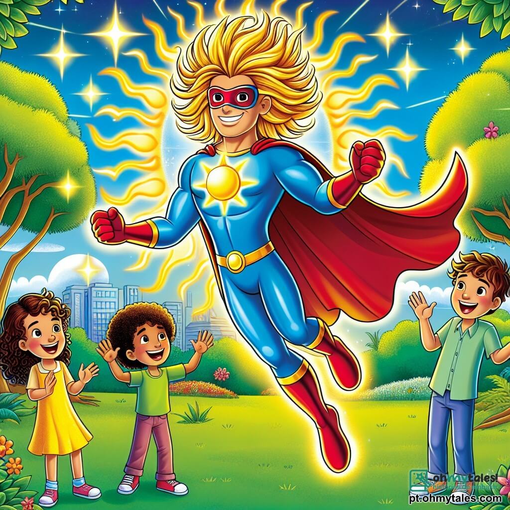 Um super-herói masculino chamado Luminário, com cabelos dourados brilhantes como o sol, usa uma capa azul flutuante e uma máscara vermelha. Ele sorri amplamente, demonstrando sua determinação em salvar a cidade. Luminário está voando no ar, cercado por pequenas luzes cintilantes que dançam ao seu redor. Ao seu lado, um grupo de crianças, com idades entre 8 e 10 anos, está no parque. Uma menina de cabelos castanhos e cacheados, vestindo um vestido amarelo, levanta os braços rindo de alegria. Um menino de cabelos loiros, usando uma camiseta verde, aplaude com entusiasmo. Todos estão maravilhados com a magia de Luminário. O local é um parque verdejante, com árvores majestosas, flores coloridas começando a florescer e um céu azul radiante. Raios de sol atravessam as folhas, iluminando a cena. A situação principal mostra Luminário, com seus amigos, usando seus poderes para trazer de volta a luz e a alegria à cidade, afastando assim a escuridão do vilão Escuro. As crianças dançam e riem, celebrando o retorno da luz.
