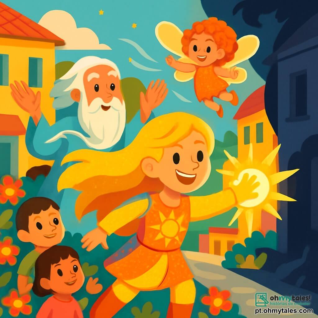 A heroína principal, Lúmina, é uma mulher de cabelos dourados brilhantes, iluminando seu rosto alegre e determinado. Ela usa um traje cintilante de cores vivas, com padrões de sol, e está espalhando sua luz radiante ao seu redor, com um grande sorriso nos lábios. Ao seu lado está o Vento Sábio, um homem idoso com uma longa barba branca e olhos sábios. Ele veste uma túnica flutuante que parece dançar com o vento, levantando os braços para dirigir as correntes de ar. Perto dali, Estrelita, uma menina de cabelos cacheados e asas cintilantes, voa alegremente ao redor deles, com os olhos brilhando de excitação. A cena se passa em uma cidade colorida, onde os edifícios são pintados em tons pastel, mas algumas áreas ainda estão sombreadas por sombras misteriosas. Flores de cores vivas bordejam as ruas, e crianças curiosas observam Lúmina com admiração. A situação principal mostra Lúmina liberando sua luz para afastar as sombras que envolvem a cidade, enquanto o Vento Sábio e Estrelita a encorajam, criando uma atmosfera de magia e esperança.