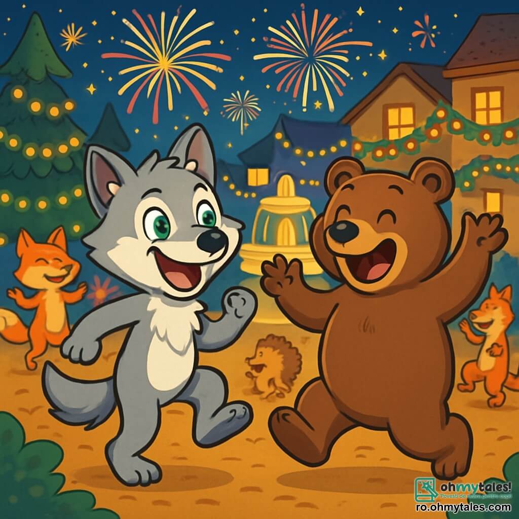 Un lup tânăr numit Luca, cu blană argintie și ochi verzi plini de curiozitate, dansează vesel în mijlocul unei petreceri de Anul Nou, un zâmbet mare iluminându-i fața. Lângă el, un urs brun numit Ursu, cu blană moale și ochi rotunzi plini de amuzament, face mișcări comice, râzând cu glas tare. În fundal, o scenă festivă se desfășoară: lumini strălucitoare decorează copacii, ghirlande colorate atârnă de feronerie, iar animale din pădure, precum vulpi și arici, dansează și se distrează în jurul unei fântâni iluminate. Noaptea este înstelată, iar artificiile explodează pe cer, proiectând culori vii care se reflectă pe fețele vesele ale participanților. Scena emană o atmosferă de fericire, prietenie și magie, capturând spiritul cald al sărbătorii de Anul Nou.