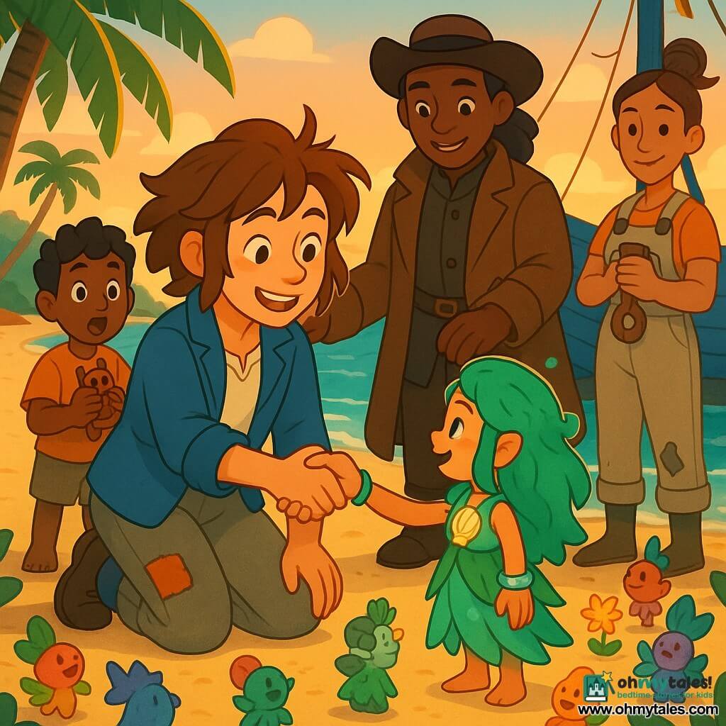 Mara, a young courageous woman with tousled brown hair, a blue sailor jacket and patched trousers, kneels on golden sand smiling warmly as she clasps the hand of the Shellfolk chief; the tiny chief, with seaweed-green hair, glass-bead bracelets and a dress of shells and glowing algae, smiles back. Finn, about nine, stands just behind Mara to the left clutching his wooden toy Pip with a look of wonder, ready to applaud. Captain Lina, around 40, in a brown captain's coat, stands slightly back to the right with a supportive hand on Mara's shoulder. Ada, about 30 with tied-up hair and canvas overalls, holds a small wooden pulley near the schooner's mast. Several tiny, colorful Shellfolk hold flowers and luminous fruit around them. The setting is a tropical beach with curved palms, small colorful isles in the background, turquoise waves and a blue wooden schooner moored at the shore; the scene captures a solemn, friendly handshake after shared aid at sunset, warm light, soft shadows, vivid cel-shaded colors and textured surfaces.