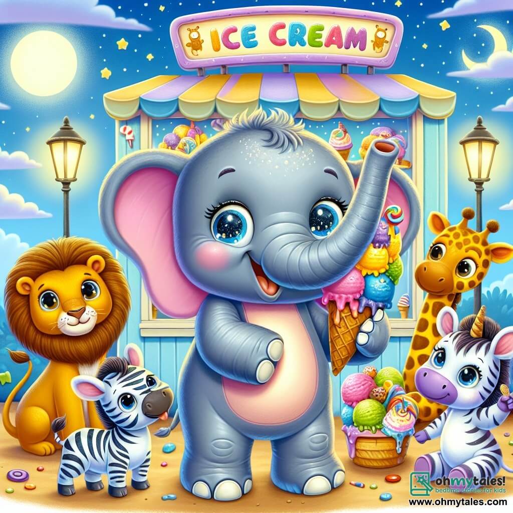 A joyful elephant named Ellie, with gray skin and large ears, stands in the center of the image, smiling with sparkling eyes while holding a large colorful ice cream cone in her trunk. Next to her, a lion named Leo with golden fur grins widely, with ice cream splatters on his snout, raising a paw to show his own cone. A little further away, a striped zebra named Zoe, with mischievous eyes, leans in to add candies to her cone, while a giraffe named Gina, with a long neck and brown spots, watches curiously with wide eyes. The scene takes place in front of a colorful ice cream shop, with pastel blue walls and bright signs, under a starry sky where the moon shines softly. The friends are creating their own ice cream flavor, filled with joy and excitement as they come together for a nighttime adventure full of laughter and treats.