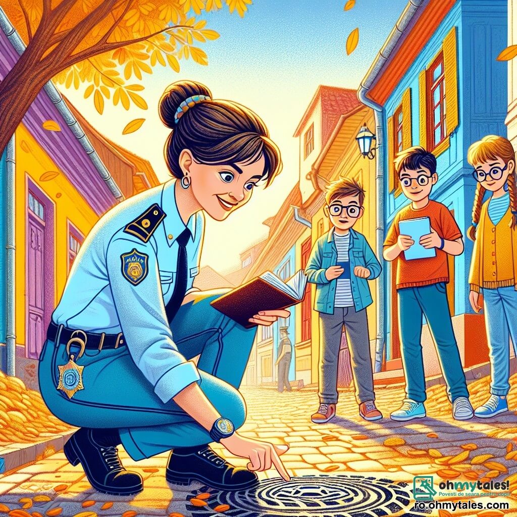 Polițista Ana Popescu, o femeie de aproximativ treize ani cu părul brun prins în coc, poartă o uniformă bleu deschis și un zâmbet larg pe față, arătându-și determinarea și bunăvoința. Ea este așezată în genunchi, examinând urmele de anvelope de pe sol, înconjurată de o aură de curiozitate și încredere. Aproape, trei copii sunt prezenți: Andrei, un băiat de 10 ani cu ochelari și părul șaten dezordonat, care arată cu degetul urmele de anvelope cu entuziasm; Maria, o fetiță de 9 ani cu părul blond împletit, care o privește pe Ana cu admirație, și Radu, un băiat de 10 ani cu un tricou roșu, care ține un carnet și ia notițe, vizibil încântat de anchetă. Scena se desfășoară pe o stradă pavata dintr-un cartier rezidențial, marginită de case colorate cu obloane deschise, cu copaci cu frunze aurii care cad ușor pe sol, creând o atmosferă caldă și primitoare. Situația principală o arată pe Ana și copii în plină anchetă, observând cu atenție indicii lăsate de o mașină misterioasă, discutând despre ce au văzut și ce trebuie să facă mai departe pentru a găsi pisicile dispărute din cartier.