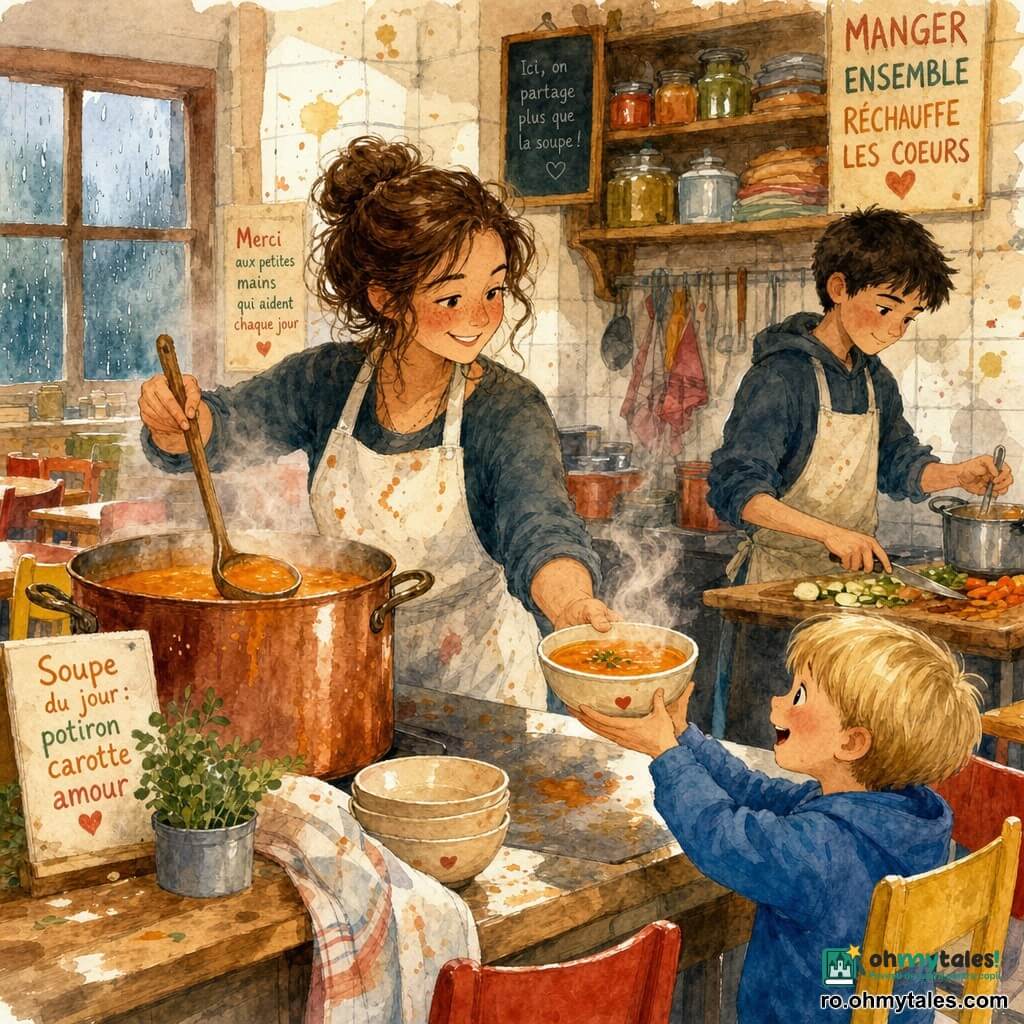 O femeie, Maria, zâmbitoare și concentrată, față rotundă cu pistrui ușori, păr șaten prins într-un coc dezordonat, poartă un șorț alb puțin pătat și servește o supă portocalie aburindă dintr-o oală de cupru cu o lingură mare de lemn; un adolescent, Andrei (≈14 ani), cu păr scurt și închis la culoare, timid dar atent, taie legume pe o tocătoare și ține o cratiță mică; un băiețel, Luca (≈6 ani), blond, cu tunsoare scurtă, cu ochi mari și un zâmbet uimit, întinde mâna spre un bol de pe tejghea; cantina e o încăpere joasă și primitoare cu mese joase din lemn, scaune roșii și galbene, faianță albă stropită și o fereastră aburită, iar aburul și picăturile de supă creează o atmosferă caldă în timp ce Maria îi dă bolul lui Luca și Andrei pregătește următoarea porție.