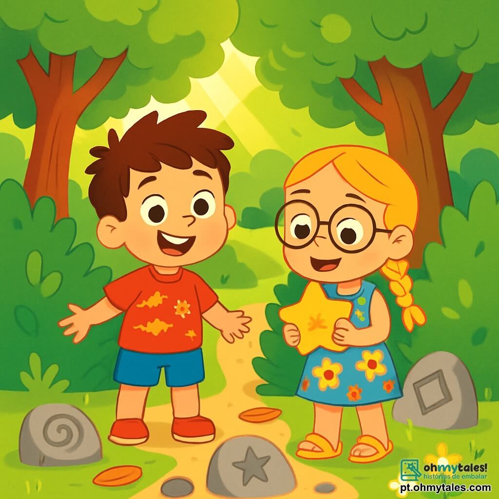 Um menino de 4 anos, com cabelos castanhos bagunçados e olhos brilhantes de curiosidade, está em pé em um caminho secreto, com um grande sorriso no rosto. Ele usa uma camiseta vermelha com estampas de dinossauros e um short azul. Ao lado dele, uma menina de 4 anos, com cabelos loiros trançados e óculos redondos, observa maravilhada uma pedra em forma de estrela que segura em suas pequenas mãos. Ela veste um vestido colorido com flores e sandálias amarelas. O local é um parque verdejante, cheio de árvores majestosas com folhas de um verde vibrante, com raios de sol filtrando através dos galhos. O chão é coberto de grama macia e pequenas flores silvestres, criando uma atmosfera mágica. A cena principal mostra o menino e a menina descobrindo um caminho secreto atrás de um arbusto, cercados por folhas caídas e pedras misteriosas, prontos para explorar e desvendar o mistério dos desenhos nas pedras, com expressões de excitação e aventura em seus rostos.