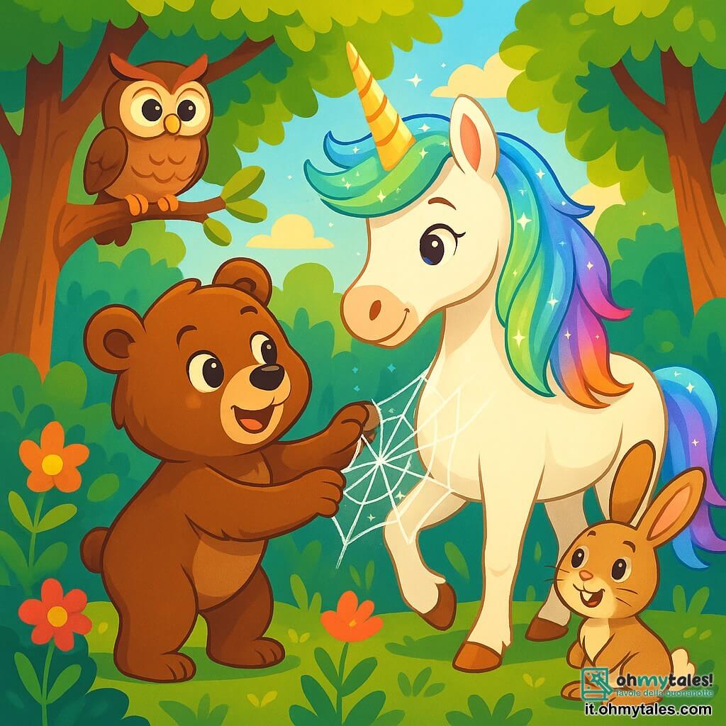 Un piccolo orso di nome Oscar, con un morbido pelo marrone e occhi pieni di curiosità, si trova al centro della scena, sorridendo con meraviglia. Sta liberando un maestoso unicorno dai crini scintillanti, che brilla sotto il sole. L'unicorno, con la sua corna dorata e il pelo bianco splendente, guarda Oscar con gratitudine, i suoi occhi pieni di dolcezza. Intorno a loro, la foresta è lussureggiante, con alberi imponenti dalle foglie verdi brillanti e fiori colorati che punteggiano il terreno. I raggi di sole filtrano tra i rami, creando un'atmosfera magica e accogliente. La scena principale mostra Oscar mentre libera l'unicorno da una ragnatela brillante, mentre animali della foresta, come un saggio vecchio gufo posato su un ramo e un allegro coniglio dalle grandi orecchie, li osservano con ammirazione e incoraggiamento.