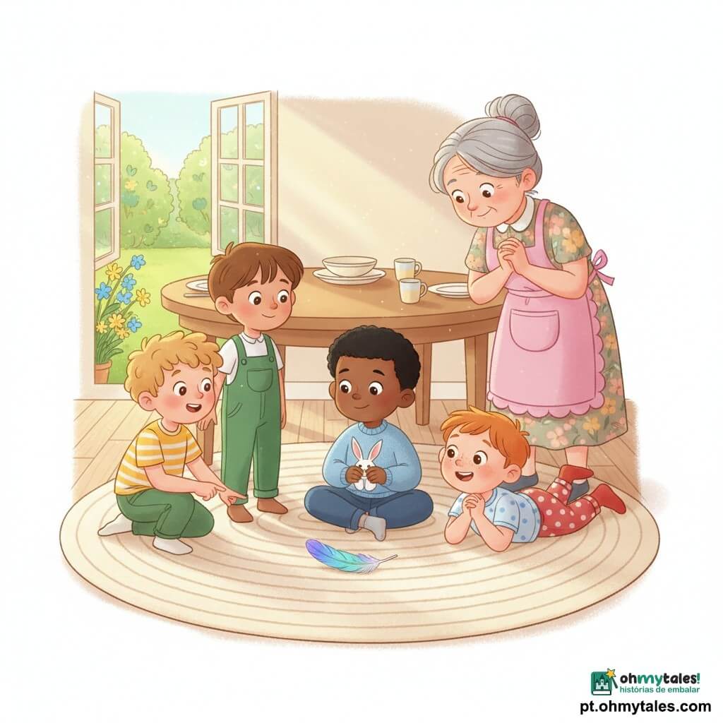 Há 5 personagens: Garoto 1 — Tito, 3 anos, pele clara, cabelo loiro curto e encaracolado, camiseta amarela listrada, agachado à esquerda do tapete apontando uma pena brilhante; Garoto 2 — Nino, 3 anos, pele morena, cabelo castanho liso, jardineira verde, à direita de Tito em ponta dos pés olhando a pena; Garoto 3 — Beto, 3 anos, pele bronzeada, cabelo preto curto, suéter azul‑claro, sentado ao centro segurando um coelhinho de papel branco; Garoto 4 — Léo, 3 anos, pele clara com sardas, cabelo ruivo, meias vermelhas e pijama de bolinhas, deitado de barriga para baixo sorrindo diante da pena; Avó — Vovó Lina, cerca de 70 anos, cabelo grisalho preso, pele enrugada, vestido floral e avental rosa, em pé atrás da mesa inclinada para as crianças com olhar afetuoso. Local: cozinha campestre iluminada, chão de tábuas claras, tapete creme no centro, mesa de madeira com pratos e xícaras, janela aberta para jardim com flores amarelas e azuis, luz morna da manhã. Situação principal: uma pequena pena azul irisada no centro do tapete, crianças ao redor maravilhadas, avó observando com ternura, atmosfera de Páscoa feliz em tons pastel, composição centrada na pena e nos rostos.