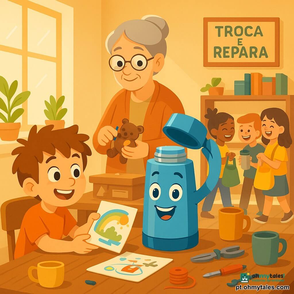 Uma pequena garrafa térmica antropomórfica azul com sorriso grande, olhos brilhantes e expressão orgulhosa no centro de uma mesa de madeira, levantando ligeiramente a tampa como uma mão; Tiago, menino de ~8 anos de cabelos castanhos despenteados e sorriso entusiasmado, senta-se à esquerda oferecendo um desenho colorido; Dona Rosa, mulher idosa de cabelo grisalho em coque e expressão gentil, está em pé atrás da mesa consertando um brinquedo e olhando a térmica com orgulho; ao fundo três crianças riem e trocam frascos e sacos reutilizáveis perto de uma estante com livros e objetos consertados; ambiente: café comunitário iluminado por janelas grandes com luz dourada, plantas no parapeito, mesa coberta de desenhos, ferramentas, xícaras e uma pequena placa colorida “Troca e Repara” na parede; cena calorosa de partilha e reuso, a térmica destacada como símbolo e prêmio, cores vivas, formas simples e composição clara para crianças.
