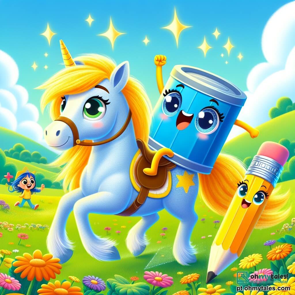 Pinta, uma pequena latinha azul com um sorriso alegre e olhos brilhantes, está sentada nas costas de um magnífico cavalo chamado Estrela, que tem uma crina dourada e brilha sob o sol. Pinta está cheia de emoção, com os braços levantados em sinal de vitória enquanto saboreia a sensação de liberdade. Ao lado deles, Riscador, um lápis amarelo vivo com uma expressão determinada, os observa com admiração, pronto para incentivá-los. O cenário é um campo verdejante, salpicado de flores coloridas, com um céu azul brilhante e algumas nuvens brancas fofas. Ao longe, pode-se ver colinas suaves e um grupo de crianças rindo e brincando. A cena representa o momento em que Pinta e Estrela participam de uma corrida alegre, com Pinta se sentindo confiante e feliz, percebendo que não precisa ganhar para se divertir.