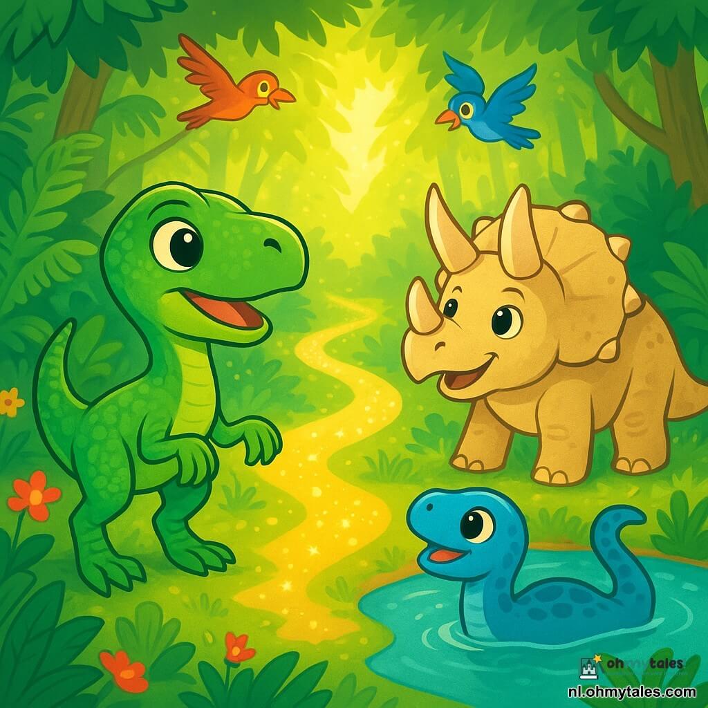 Een velociraptor genaamd Ravi, met stralend groene schubben en nieuwsgierige sprankelende ogen, staat op zijn tenen, met zijn klauwen licht in de lucht, klaar om te verkennen. Naast hem kijkt Tia, een triceratops met majestueuze hoorns en een beige huid, met een speelse glimlach, terwijl Mino, een mini-mosasaurus met blauwe schubben en een golvende staart, vrolijk in een nabijgelegen vijver zwemt. De omgeving is een weelderig Vergeten Woud, vol grote groene varens, kleurrijke bloemen en zonnestralen die door het dichte loof komen. Boven hen vliegen vogels met heldere veren, wat een vleugje magie aan de omgeving toevoegt. De hoofdscene toont Ravi en zijn vrienden die een glinsterend pad ontdekken, verlicht door gouden lichtstralen, dat lijkt te leiden naar een verborgen schat, terwijl een zachte bries de bladeren om hen heen laat dansen, wat een sfeer van opwinding en avontuur creëert.
