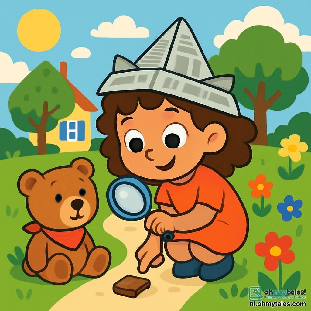 Een vierjarig meisje met grote, glanzende ogen en krullend haar draagt een papieren detectivehoed. Ze heeft een nieuwsgierige glimlach en houdt een vergrootglas in haar hand. Naast haar zit haar trouwe teddybeer Boris op het gras, met een oplettende blik en een klein rood sjaaltje om zijn nek. De scène speelt zich af in een zonnige tuin vol kleurrijke bloemen en groene bomen. Een grindpad slingert door de tuin en in de verte is een huis met blauwe luiken te zien. Roosje ontdekt een stuk chocolade op het pad en lijkt vastberaden om het mysterie van het gestolen koekje op te lossen. Ze hurkt en onderzoekt de grond met haar glas, terwijl Boris haar aanmoedigt met een bewonderende blik.