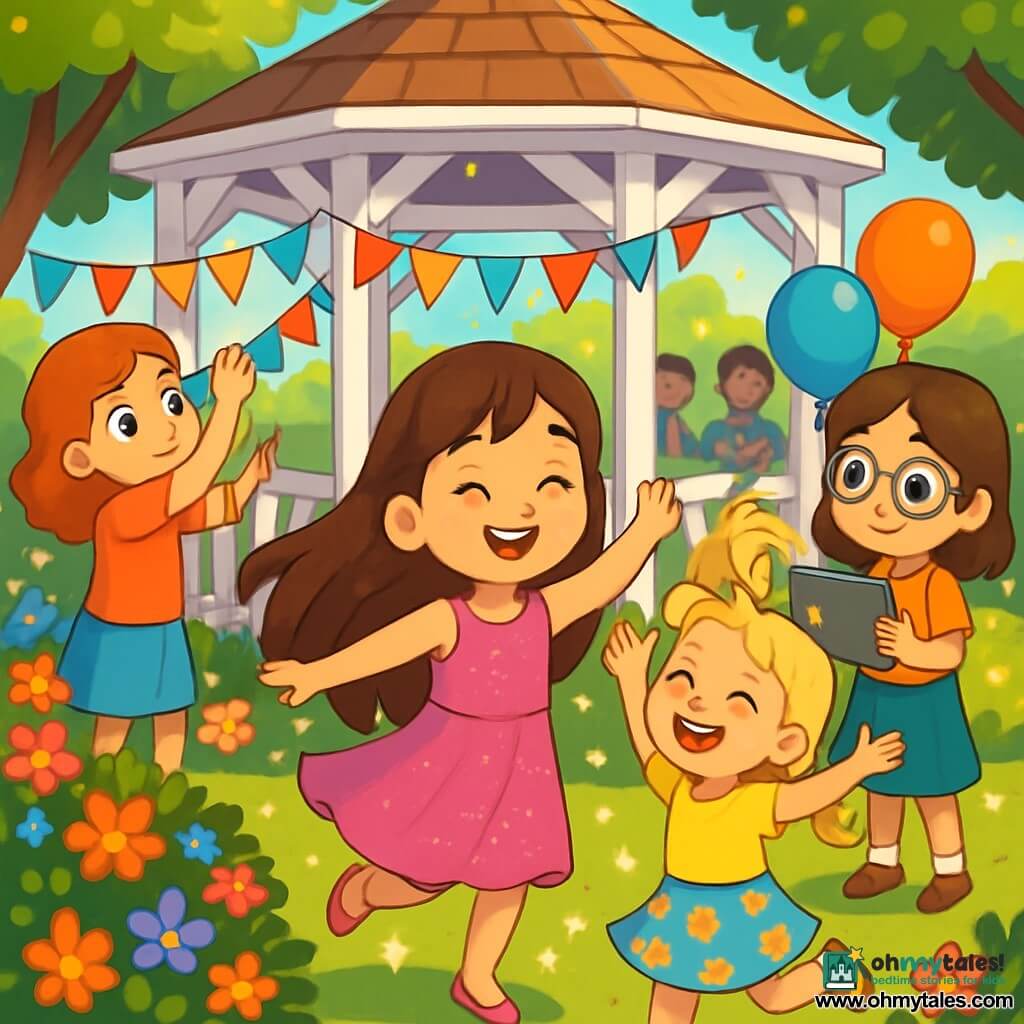 There are 4 children: Mia, an 8-year-old girl with long brown hair and sparkling eyes, wearing a pink dress with sequins, joyfully dancing at the center of the scene. Lily, also 8, has braided blonde hair and a big smile, wearing a yellow t-shirt and a floral skirt, spinning around with her arms raised, full of energy. Rosie, an 8-year-old with curly red hair and freckles, is on the left, focused on hanging colorful garlands around the gazebo. Anna, with brown hair and round glasses, stands on the right, holding a tablet and smiling as she checks that everything is ready for the party. The setting is a sunny park with a white wooden gazebo decorated with multicolored garlands and floating balloons, surrounded by vibrant flowers, with sunlight filtering through the tree leaves, creating a magical atmosphere. The main scene shows the children dancing together, surrounded by sparkling lights in the air, while smiling guests applaud and enjoy the celebration.