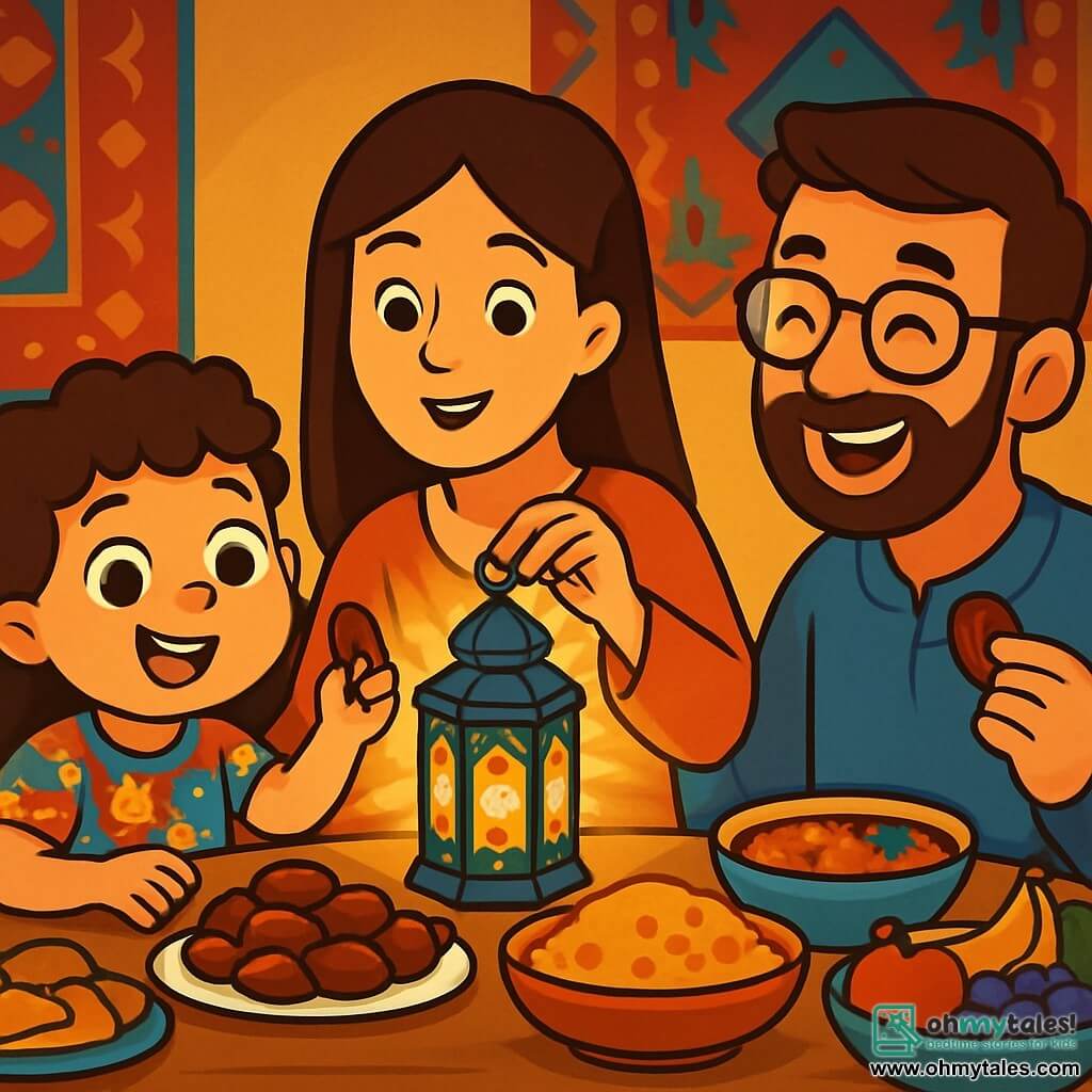 A 4-year-old girl named Lila, with bright big eyes and curly hair, joyfully smiles while holding a date in her hand. She wears a colorful dress with floral patterns and is sitting at a wooden table surrounded by delicious dishes. Next to her, her mother, a woman in her thirties with long, smooth hair, tenderly smiles while lighting a beautiful lantern decorated with Arabic patterns. The father, a man in his thirties with a soft beard and glasses, sits across from them, laughing and holding a date. The scene takes place in a cozy room, illuminated by the golden light of the lantern casting dancing shadows on the walls adorned with colorful rugs. The table is filled with traditional dishes, fruits, and sweets, creating a festive and welcoming atmosphere. Lila, amazed, gazes at the brightly shining lantern as she shares a joyful moment with her family during the Iftar meal.