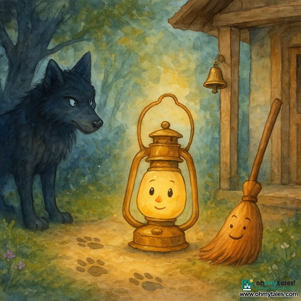 Lucille, a small anthropomorphic gold-and-glass lantern with a gentle determined expression and a flickering yellow-orange flame, hesitates on the threshold of a wooden cottage holding her handle like a hand while looking at deep wolf tracks in the mossy forest path at dusk; the Tall Bad Wolf, a lanky black-blue canine with piercing silver eyes and a restrained sly look, stands a few paces away in the tree shadows, his paws leaving deep impressions; Bristle, a light-wood animated broom with reddish bristles, smiles kindly and sweeps the path to Lucille’s right as if ready to protect, and a small polished brass bell hangs on the porch behind her, all composed centrally in a soft watercolor palette with warm highlights (flame, golden light) and cool contrasts (shadows, fur).