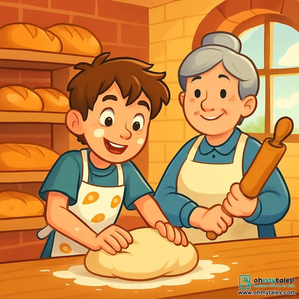 A young boy named Oliver, about 12 years old, with messy brown hair and flour spots on his smiling face, is kneading bread dough in a bright bakery. He wears a white apron with drawings of small loaves, and his eyes shine with excitement and determination. Next to him, a cheerful woman, Mrs. Prunella, around 50 years old, with gray hair in a bun and rosy cheeks, proudly watches Oliver while holding a rolling pin. The bakery is warm, with red brick walls, shelves filled with golden bread, and windows letting in the morning light. Oliver is shaping a beautiful loaf of bread, his hands covered in flour, while the delicious smell of fresh bread fills the air.