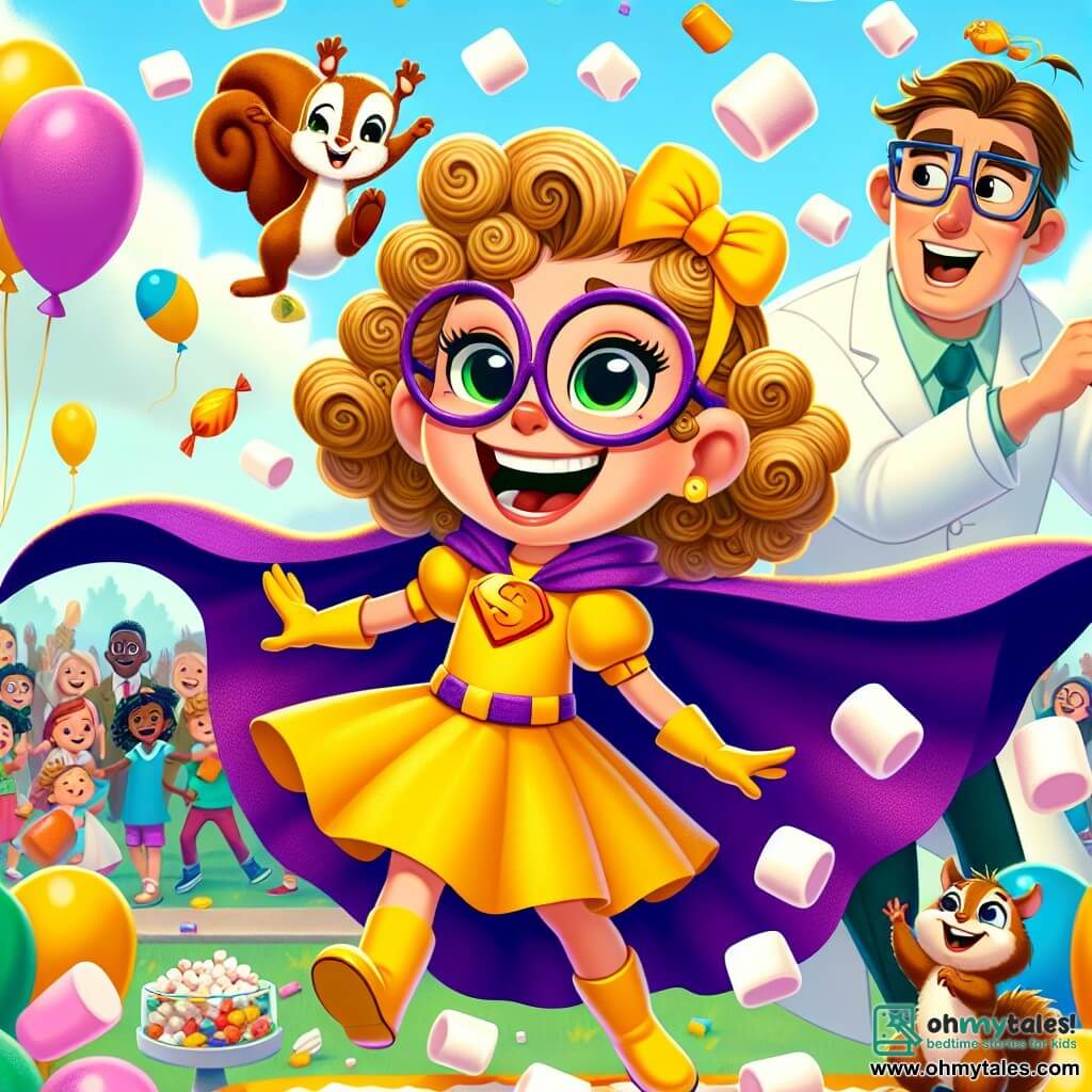 Super Giggles, a heroic woman with a bright smile, wears a vivid yellow costume and a purple cape that billows behind her. With curly hair and sparkling eyes, she joyfully dances in a crowd, enthusiastically tossing marshmallows into the air. Beside her, Nutty, a mischievous little squirrel, perches on her shoulder, trying to catch a flying marshmallow with his tiny paws. Dr. Fumble, a clumsy man in his thirties, stands slightly back in an oversized lab coat and sliding glasses, admiring Super Giggles while holding a large stack of marshmallows he tries not to drop. The scene takes place in a sunny park filled with happy families, colorful balloons, and tables decorated with marshmallows, filled with laughter and joyful screams as children run around playing fun games. The main focus shows Super Giggles throwing marshmallows into the air, while the crowd bursts into laughter, creating a festive and contagious atmosphere of happiness.