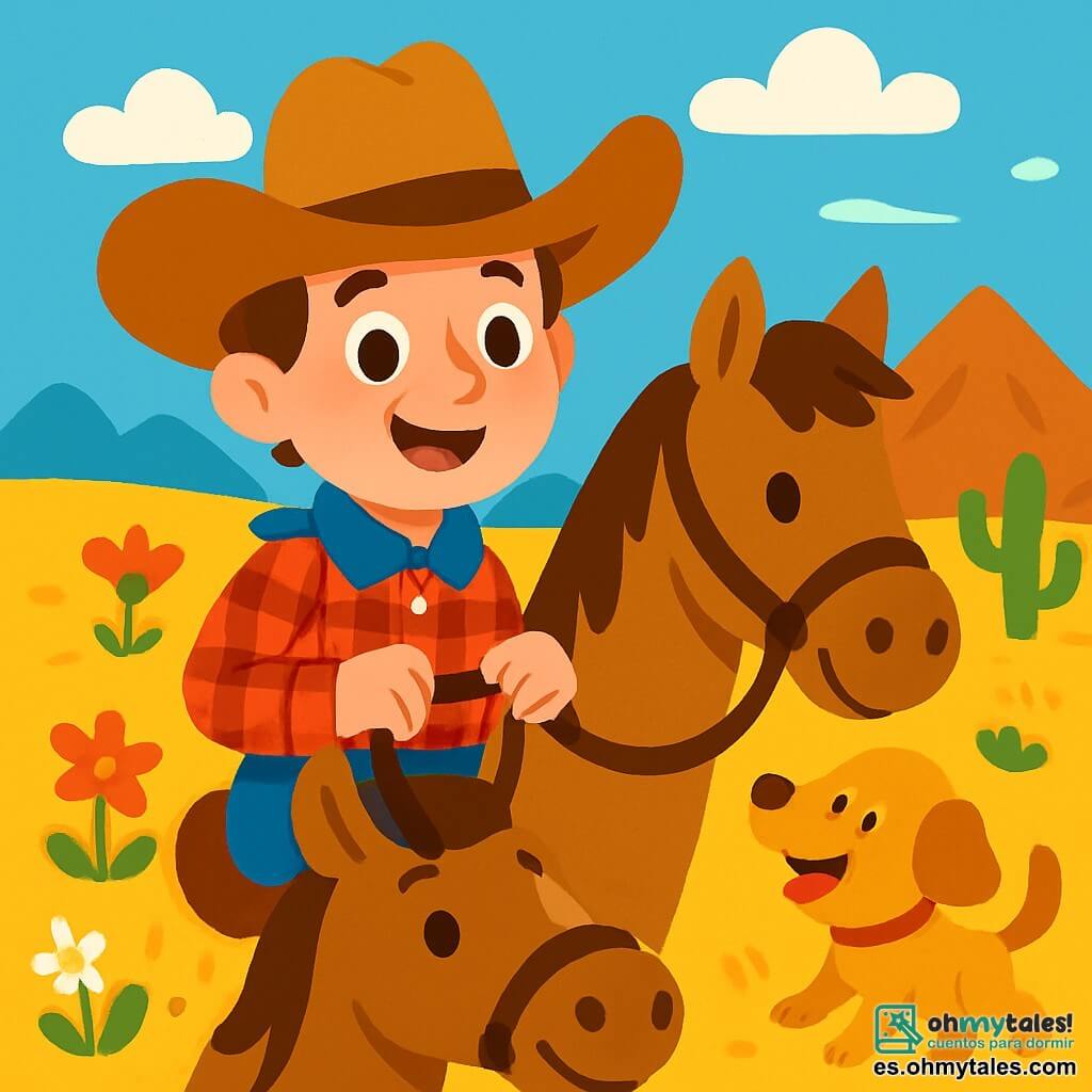 Un hombre, Tomás, es un vaquero sonriente con un gran sombrero de cowboy y una camisa a cuadros rojos y azules. Tiene ojos brillantes de emoción y sostiene firmemente las riendas de su caballo. A su lado, su fiel perro Chispa, un pequeño cachorro de pelo dorado, mueve la cola con entusiasmo, listo para la aventura. El escenario es una vasta pradera dorada, salpicada de flores silvestres y cactus, bajo un cielo azul brillante con algunas nubes blancas esponjosas. A lo lejos, se alzan majestuosas montañas, que quizás esconden el tesoro tan ansiado. La situación principal muestra a Tomás, decidido y alegre, preparándose para salir en busca de oro, con su perro ladrando alegremente a su lado, en un ambiente de descubrimiento y aventura.
