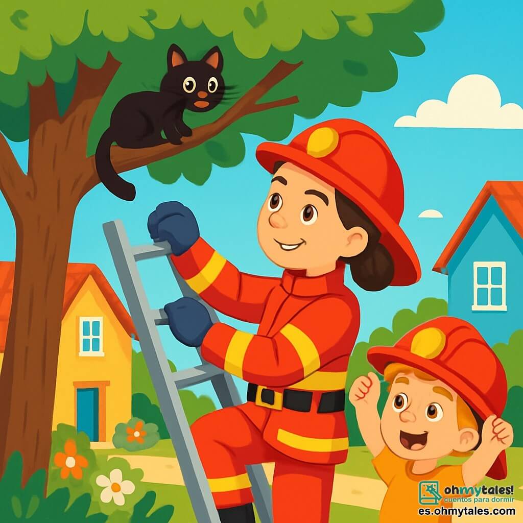 La capitana Laura, una mujer valiente con cabello castaño recogido en un moño, lleva un uniforme de bombero rojo brillante. Su rostro expresa determinación y bondad mientras sonríe al mirar un pequeño gato negro en un árbol. A su lado, Diego, un niño de 8 años con cabello rubio y ojos brillantes, lleva un casco de bombero demasiado grande para él. Levanta los brazos en señal de ánimo, lleno de admiración por Laura. La ilustración se desarrolla en un encantador pueblo, con casas de colores y jardines florecidos, bajo un cielo azul claro. Un gran árbol con frondosas hojas verdes se erige en el centro, donde el gato está atrapado, maullando suavemente. La escena muestra a Laura subiendo con seguridad por la escalera de emergencia, lista para salvar al gato, mientras Diego aplaude con entusiasmo, creando una atmósfera de camaradería y aventura.