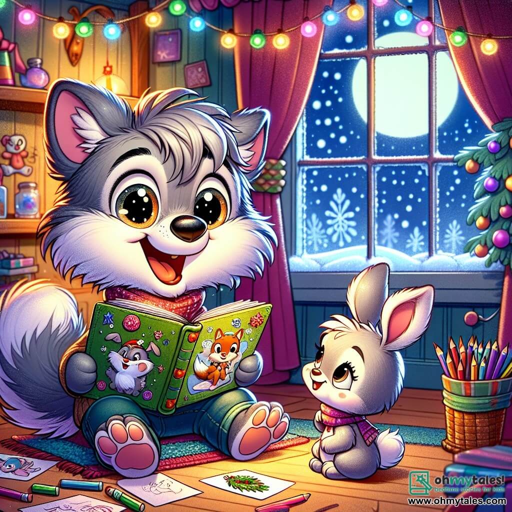 Wally, a small wolf with gray fur and sparkling eyes, sits in his cozy den surrounded by colorful papers and crayons. He wears a big smile, brimming with excitement and creativity, as he writes in a storybook he made himself. Next to him, Bella, an adorable little rabbit with big ears and white fur, watches in wonder at the book Wally created. She is full of joy, her eyes shining with admiration as she holds a cup of hot chocolate in her little paws. The scene takes place in Wally's den, decorated with twinkling garlands and gently falling snowflakes outside the window. The interior is warm, with soft light emanating from a small lamp, creating a festive atmosphere. Wally and Bella share a magical moment, with Wally proudly presenting his Christmas storybook while Bella is eager to open it, excited to discover the adventures inside.