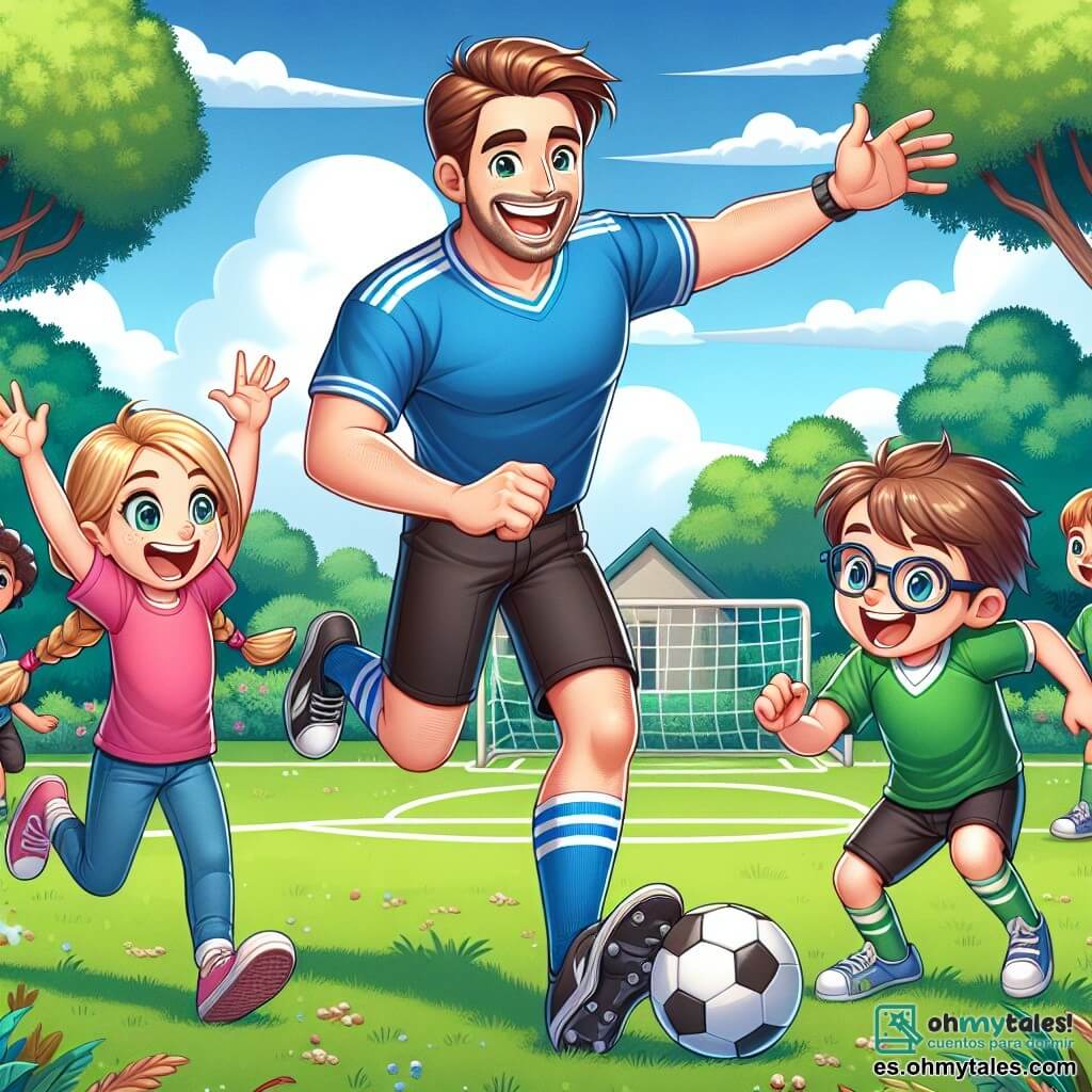 Un hombre llamado Pablo, sonriente y entusiasta, está en el centro de la imagen. Tiene el cabello castaño, lleva una camiseta de fútbol azul y pantalones cortos negros, y está golpeando un balón de fútbol con energía. A su lado, una niña de unos 8 años, con el cabello rubio trenzado y una camiseta rosa, levanta los brazos emocionada por el juego. Un niño de 7 años, con gafas y una camiseta verde, corre hacia el balón, listo para recibirlo. La escena tiene lugar en un parque verde, con árboles majestuosos de fondo, un cielo azul salpicado de nubes blancas y un campo de hierba bien cuidado. Pablo, rodeado de los niños, muestra cómo pasar el balón, creando un ambiente alegre y amistoso donde todos aprenden y se divierten juntos.