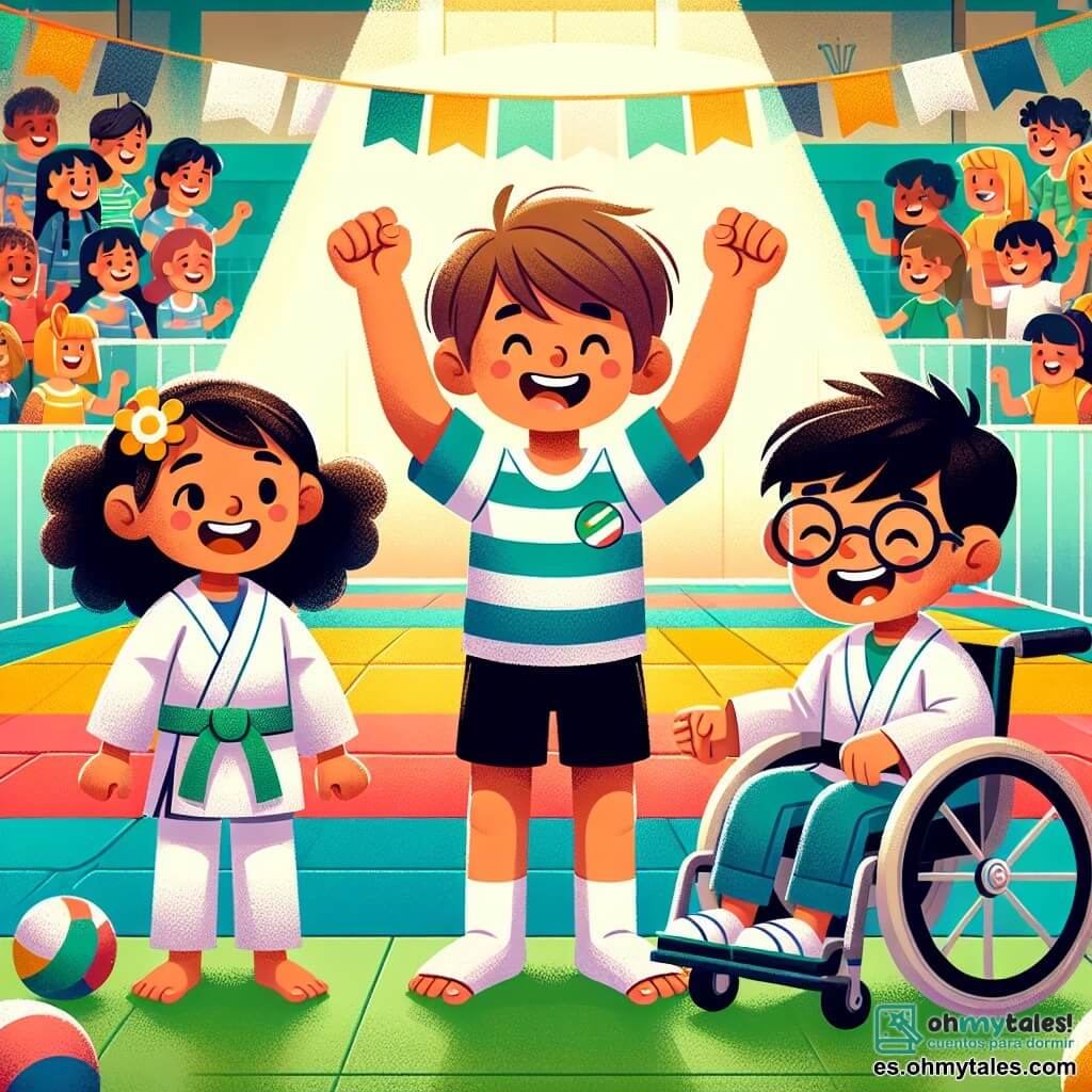 En un gimnasio colorido, cuatro niños se preparan para una competencia de judo. Lucas, un niño de 10 años con cabello castaño desordenado y una gran sonrisa, lleva una camiseta rayada y pantalones deportivos. Está en el centro, levantando los brazos en señal de victoria. A su derecha, Sofía, una niña de 9 años con cabello rizado y un vestido colorido, lo anima con una gran sonrisa, los brazos levantados. A su izquierda, Tomás, un niño de 10 años en silla de ruedas, ríe alegremente sosteniendo un pequeño cartel de apoyo. Finalmente, Javier, un niño de 9 años con gafas y cabello negro, se encuentra detrás de ellos, con las manos en las caderas, listo para animarlos. El gimnasio está lleno de tatamis verdes, pelotas coloridas y espectadores entusiastas. La escena muestra a Lucas listo para entrar al tatami para su combate, rodeado de sus amigos que lo animan con entusiasmo, ilustrando el espíritu de equipo y la amistad en el deporte.