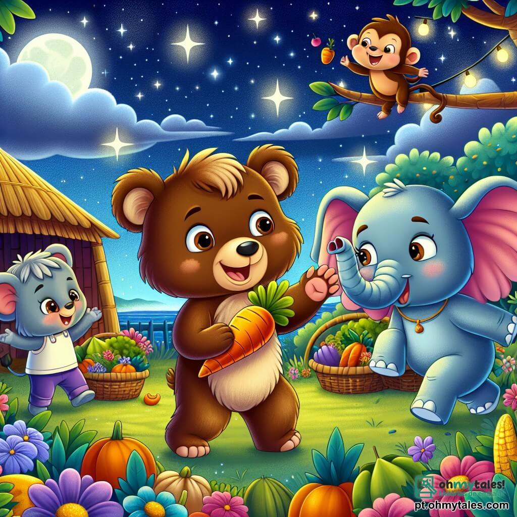 Um urso marrom chamado Beto, com pelagem macia e olhos brilhantes de curiosidade, está no centro da cena, sorrindo entusiasticamente enquanto segura uma grande cenoura com suas patas. Ao seu lado, Lila, uma elegante elefanta com grandes orelhas rosas, dança alegremente, sua tromba levantada, enquanto Chico, um pequeno macaco travesso com pelagem marrom e cauda enrolada, pula ao redor deles, rindo e lançando frutas ao ar. A cena acontece em uma cabana de jardim colorida, cercada por flores vibrantes e legumes frescos, sob um céu estrelado e uma lua brilhante que ilumina tudo com uma suave luz prateada. Ao fundo, aparece a silhueta da sábia Dona Coruja, empoleirada em um galho, observando com um sorriso benevolente. A situação principal mostra Beto e seus amigos celebrando um piquenique noturno, cercados de delícias e risadas, após resolverem o mistério das cenouras desaparecidas, criando uma atmosfera alegre e amigável.